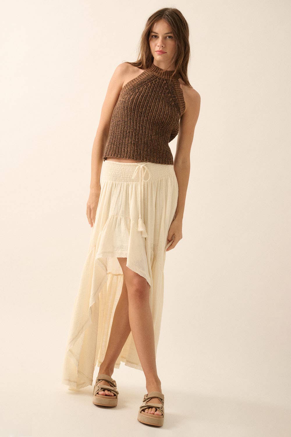 Solid Rib-Knit Halter Racerback Sweater Tank Top