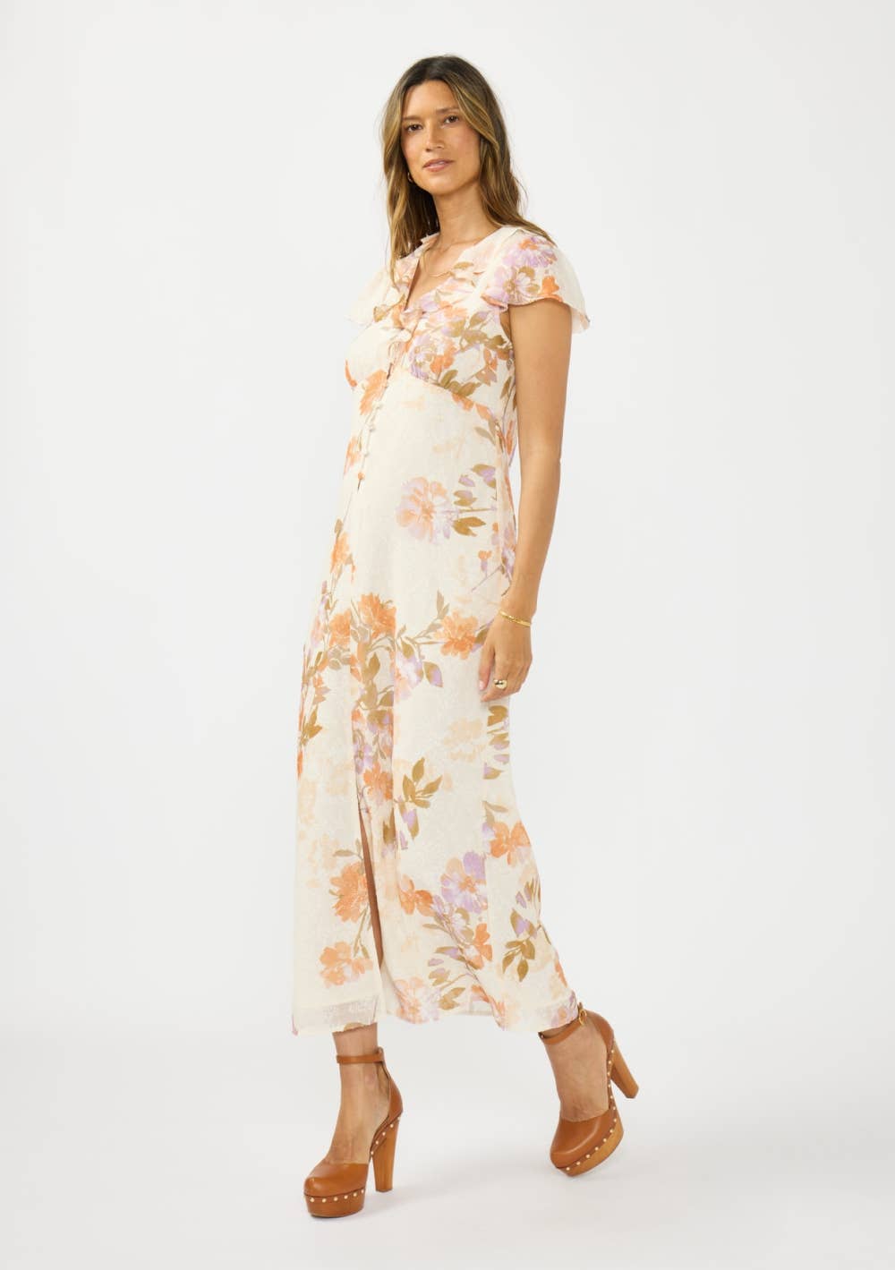 Ruffle V-Neck Button Front Maxi Dress