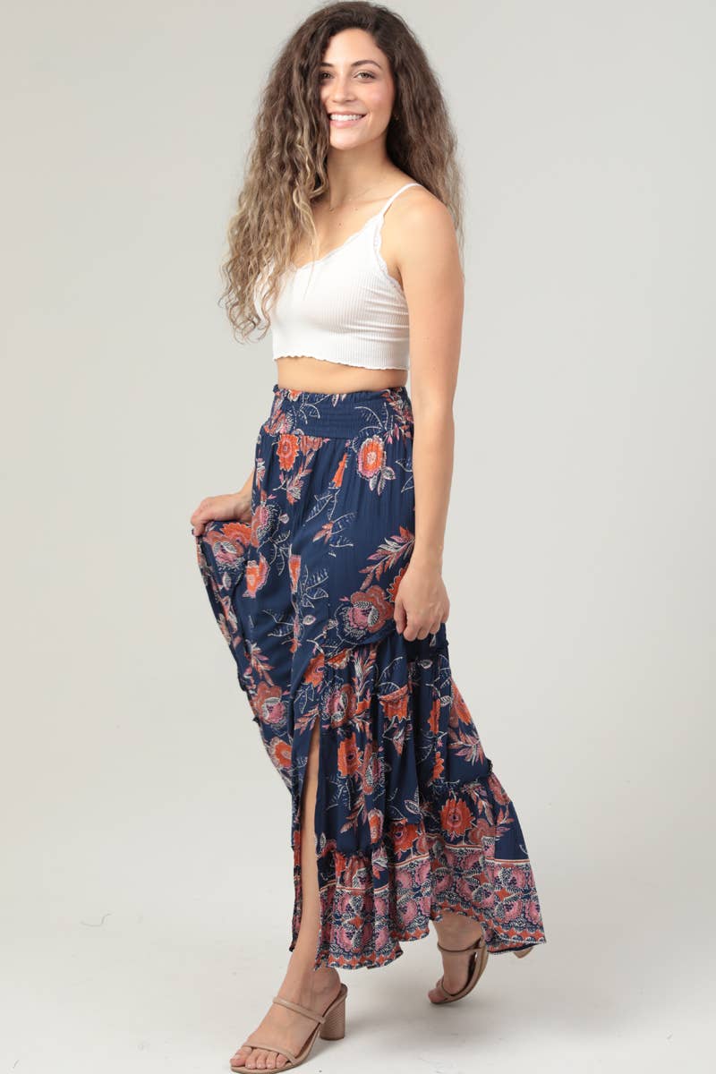 B6A82-A905 FLORAL PRINT DOUBLE SLIT MAXI SKIRT