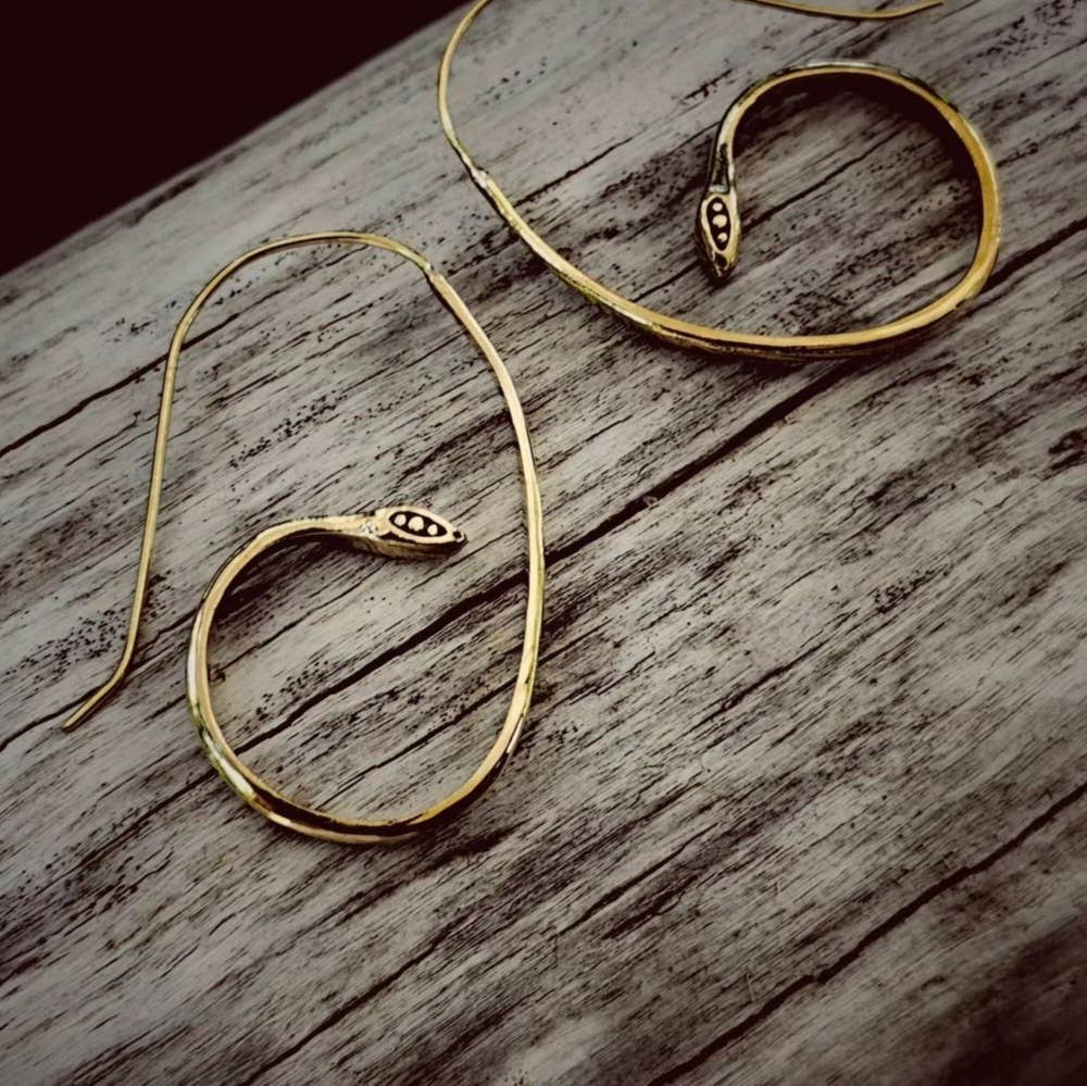 Brass snake serpent hoop earrings small handcrafted