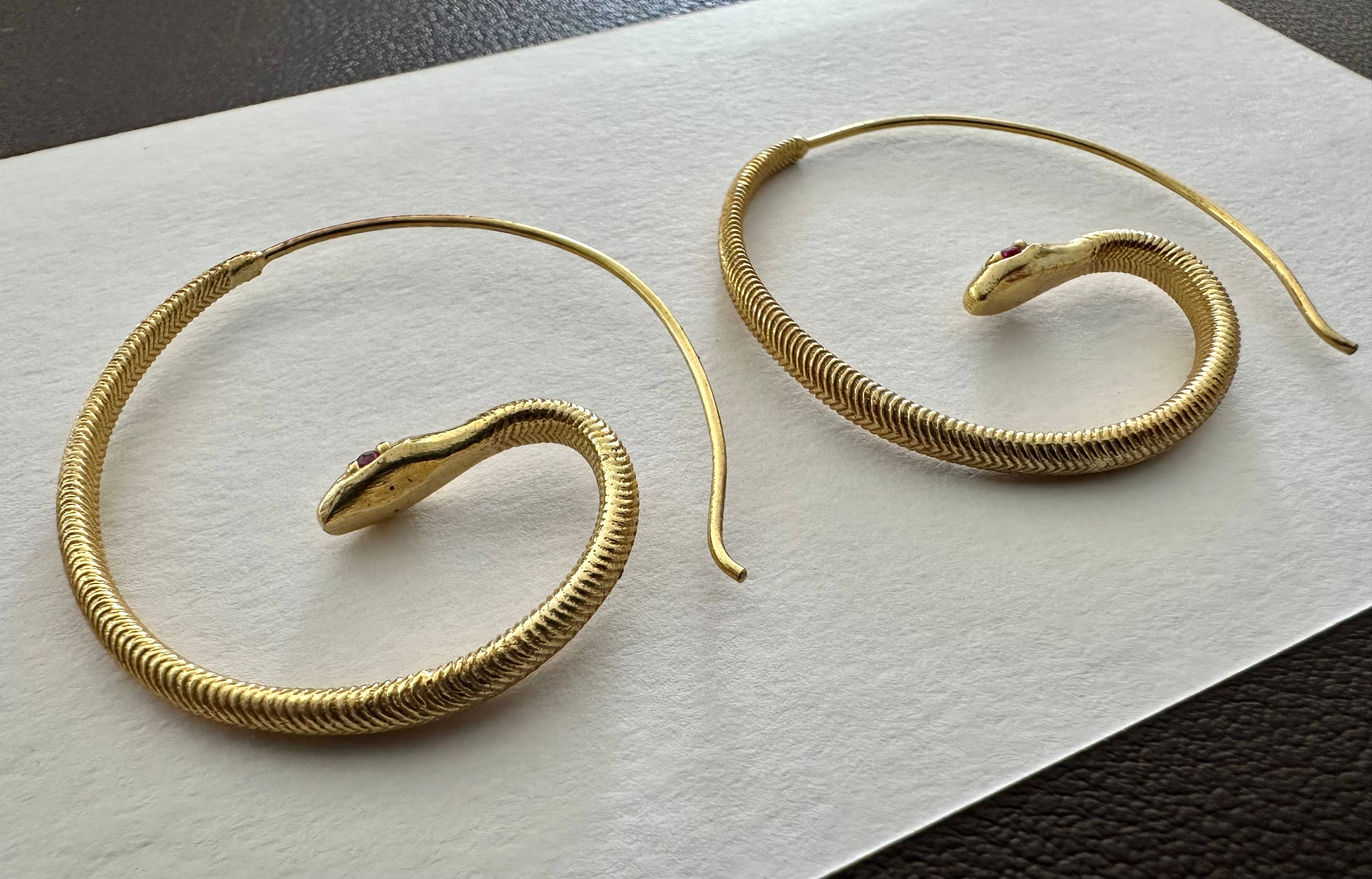 Pink Zircon Eyes Gold Baby Snake Hoop Earrings