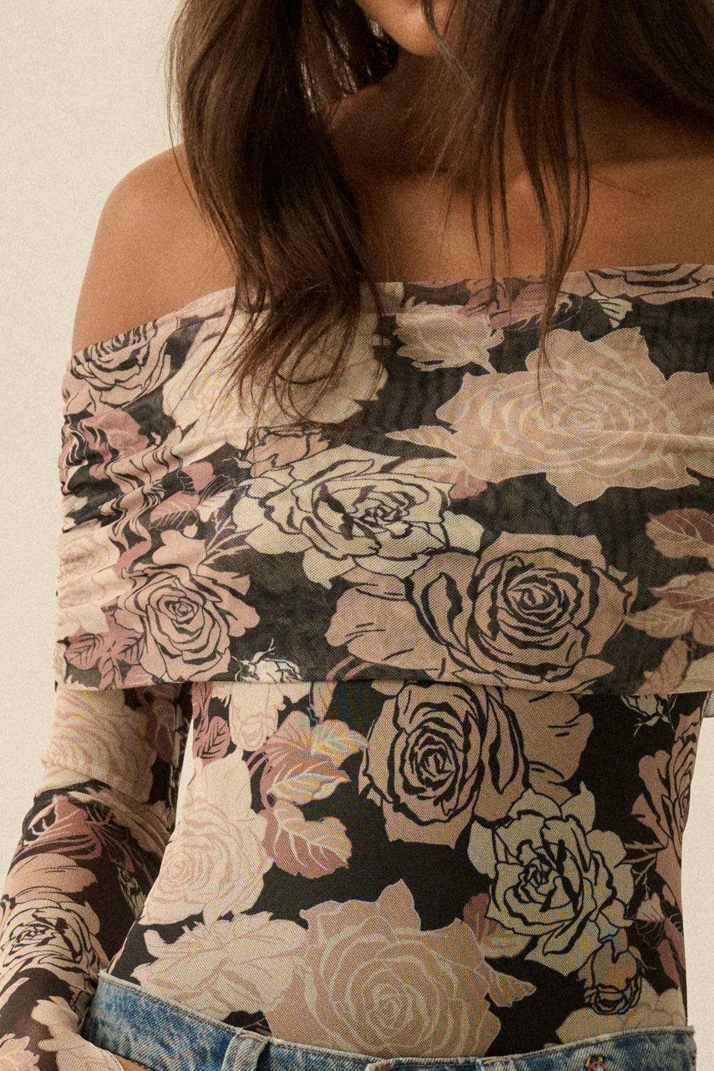 Floral-Print Mesh Off-Shoulder Foldover Bodysuit