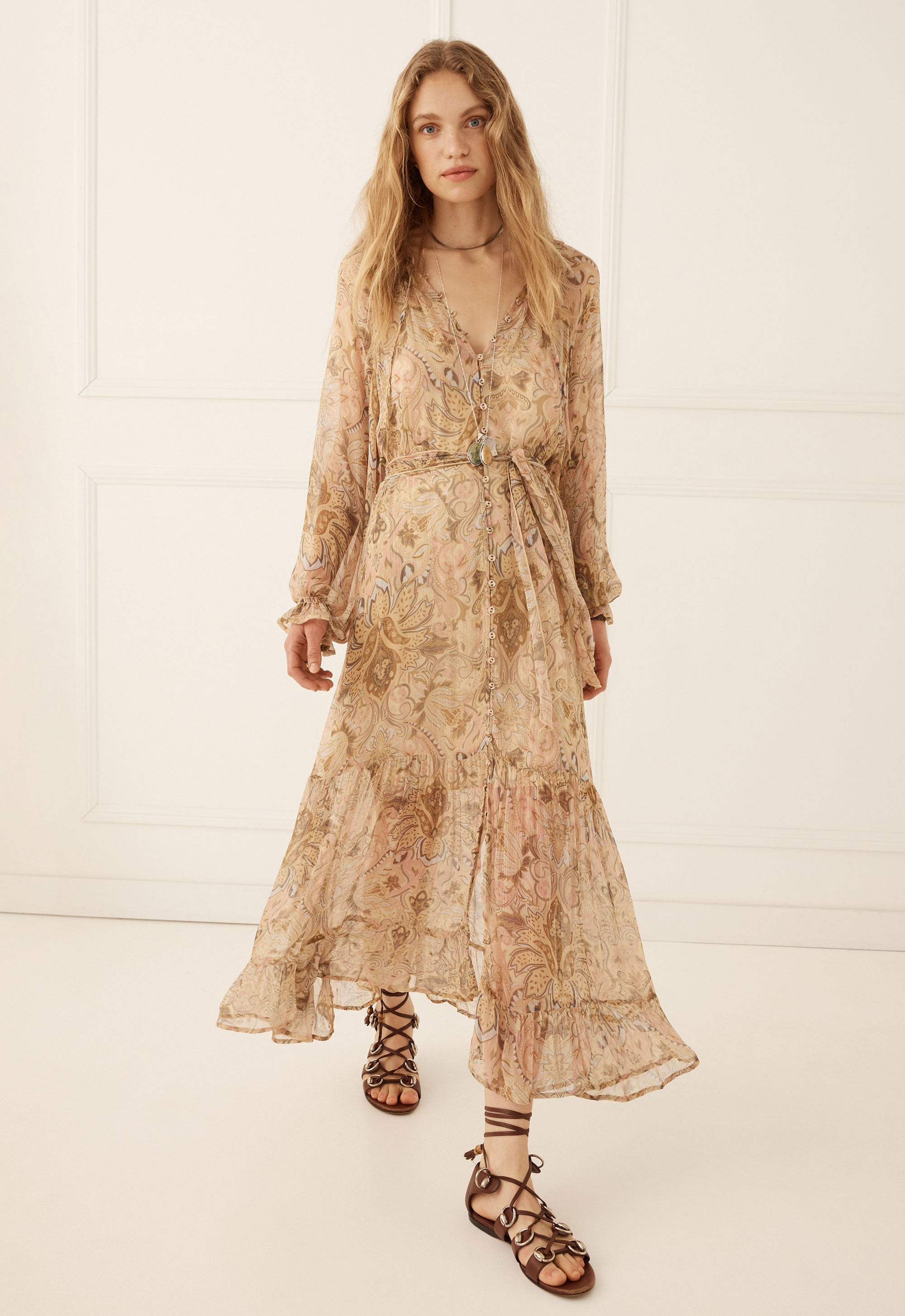 Damask Button Through Gown in Chai