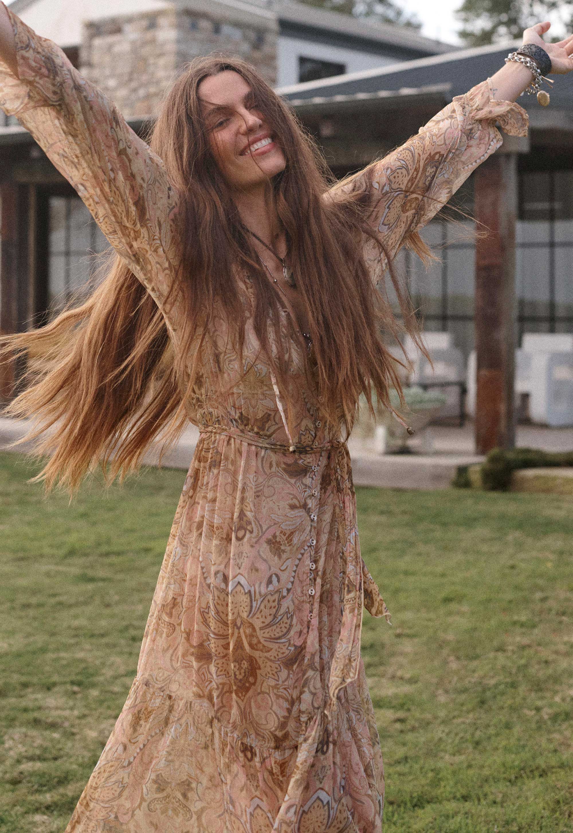 Damask Button Through Gown in Chai