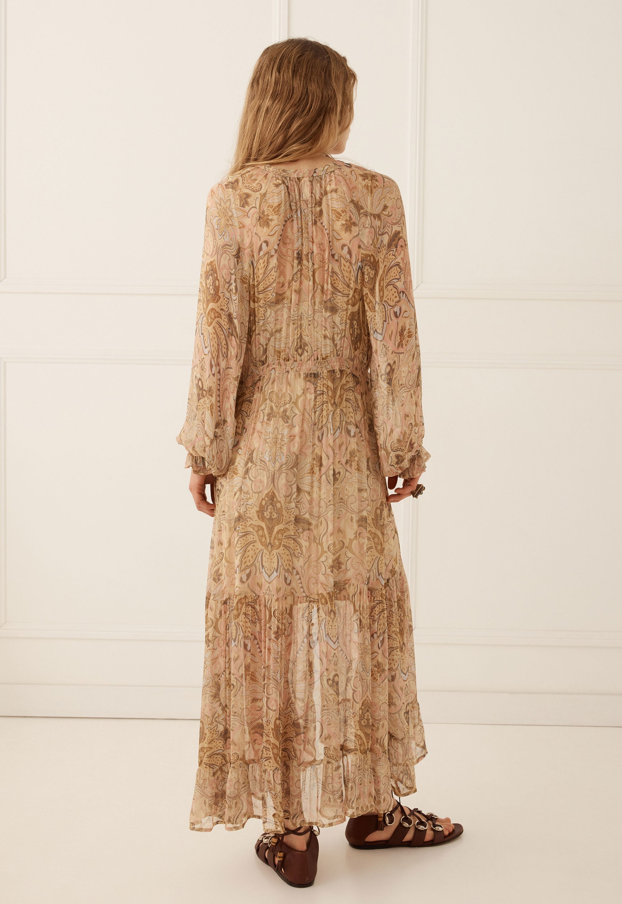 Damask Button Through Gown in Chai