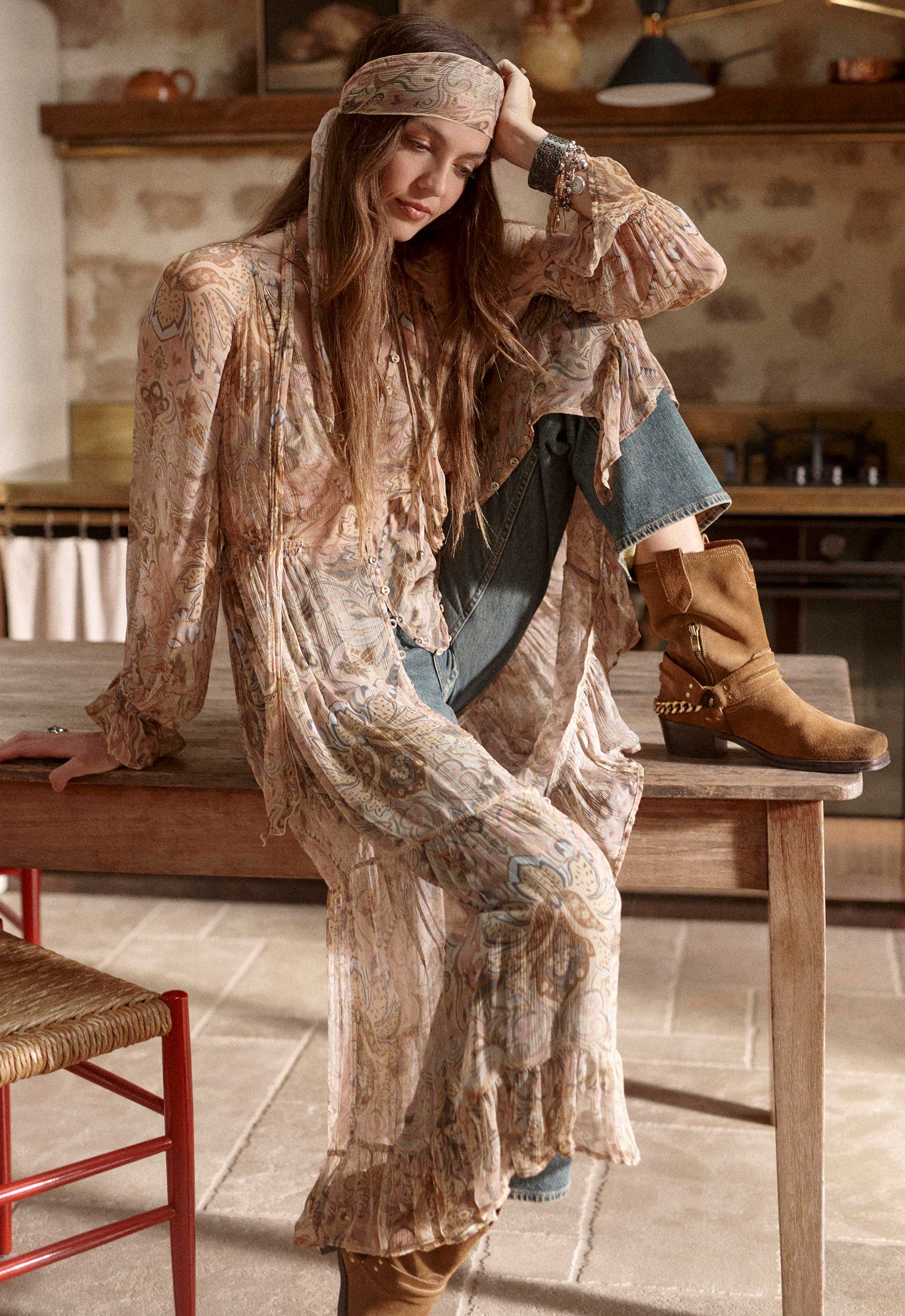 Damask Button Through Gown in Chai