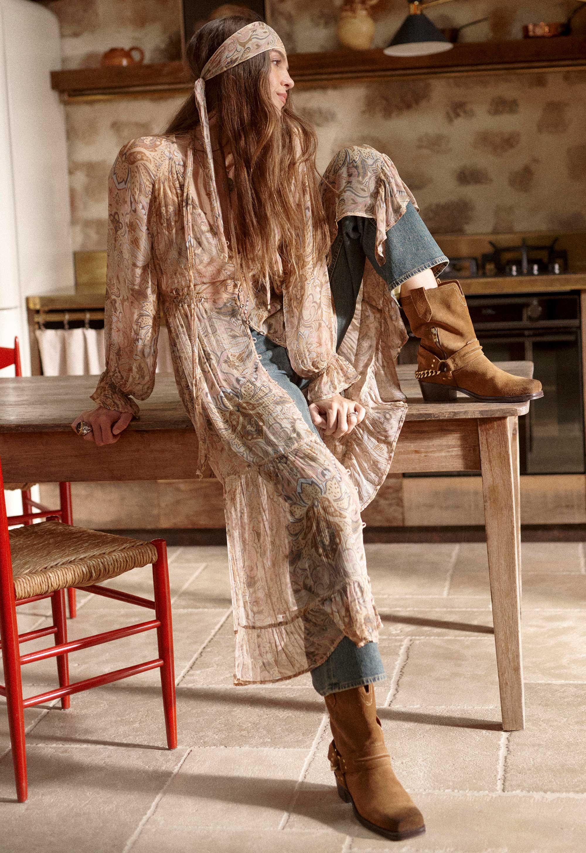 Damask Button Through Gown in Chai