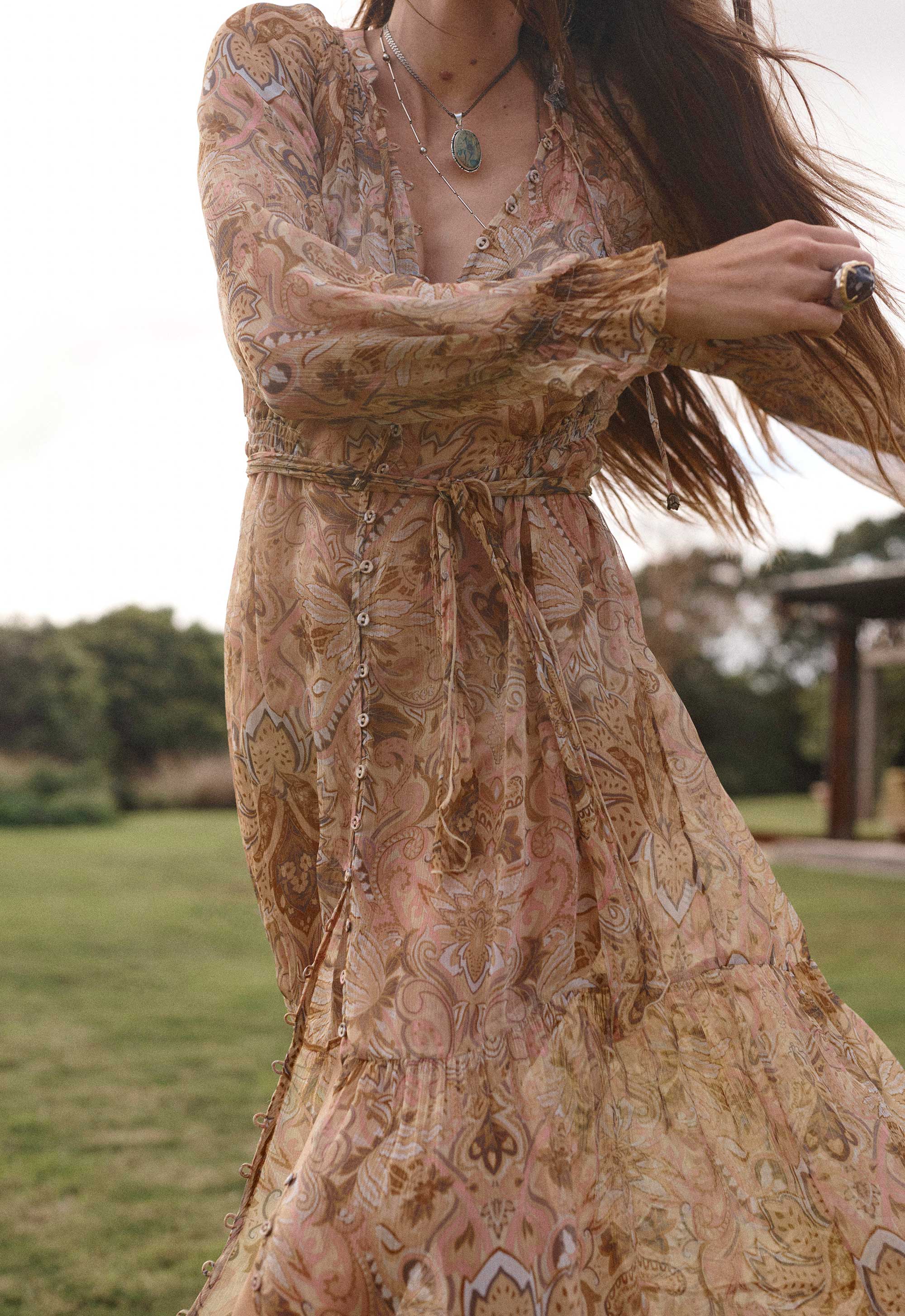 Damask Button Through Gown in Chai