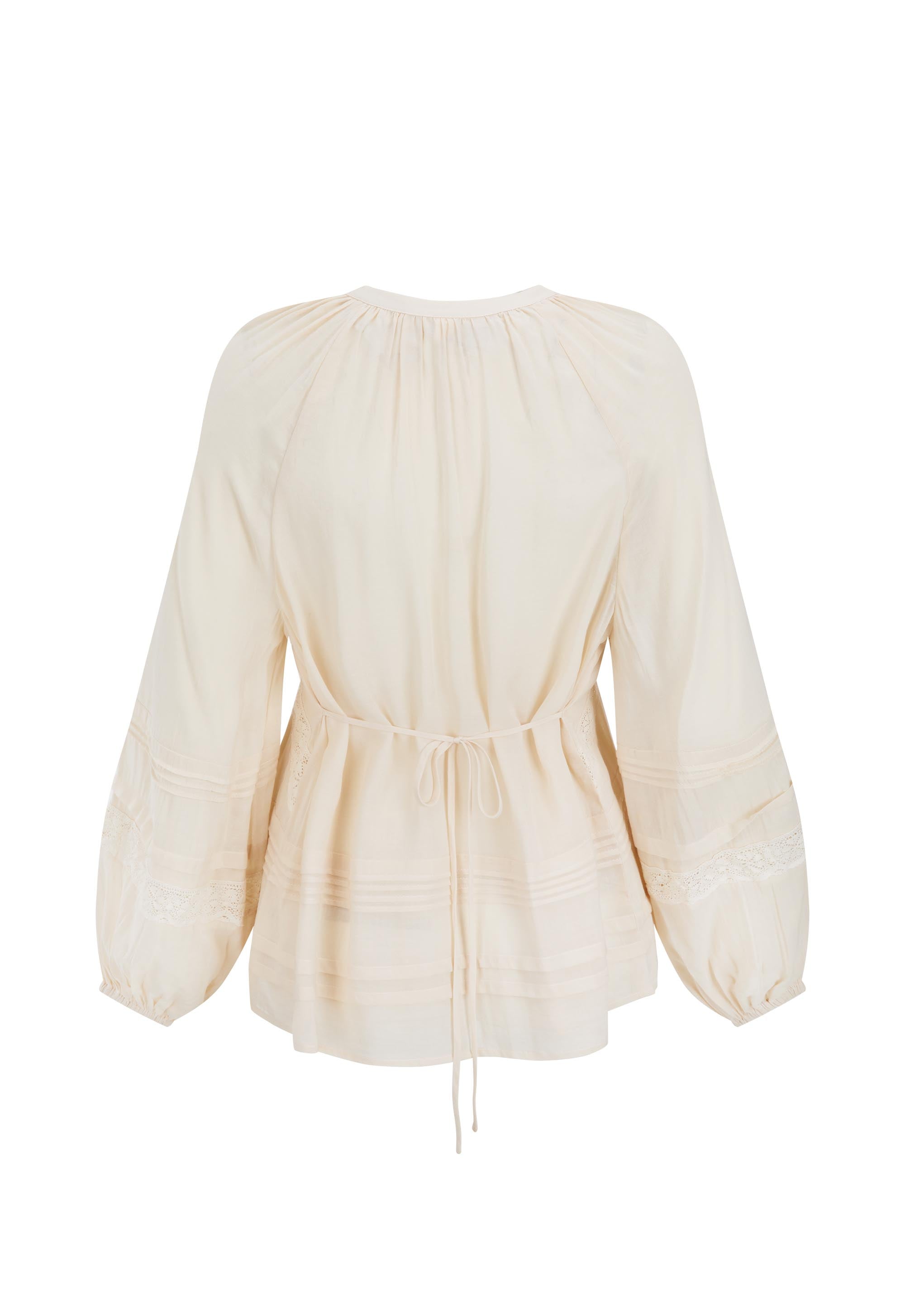 Hera Lace Blouse- Macadamia with delicate lace detailing and a cinched waist for a soft, elegant silhouette