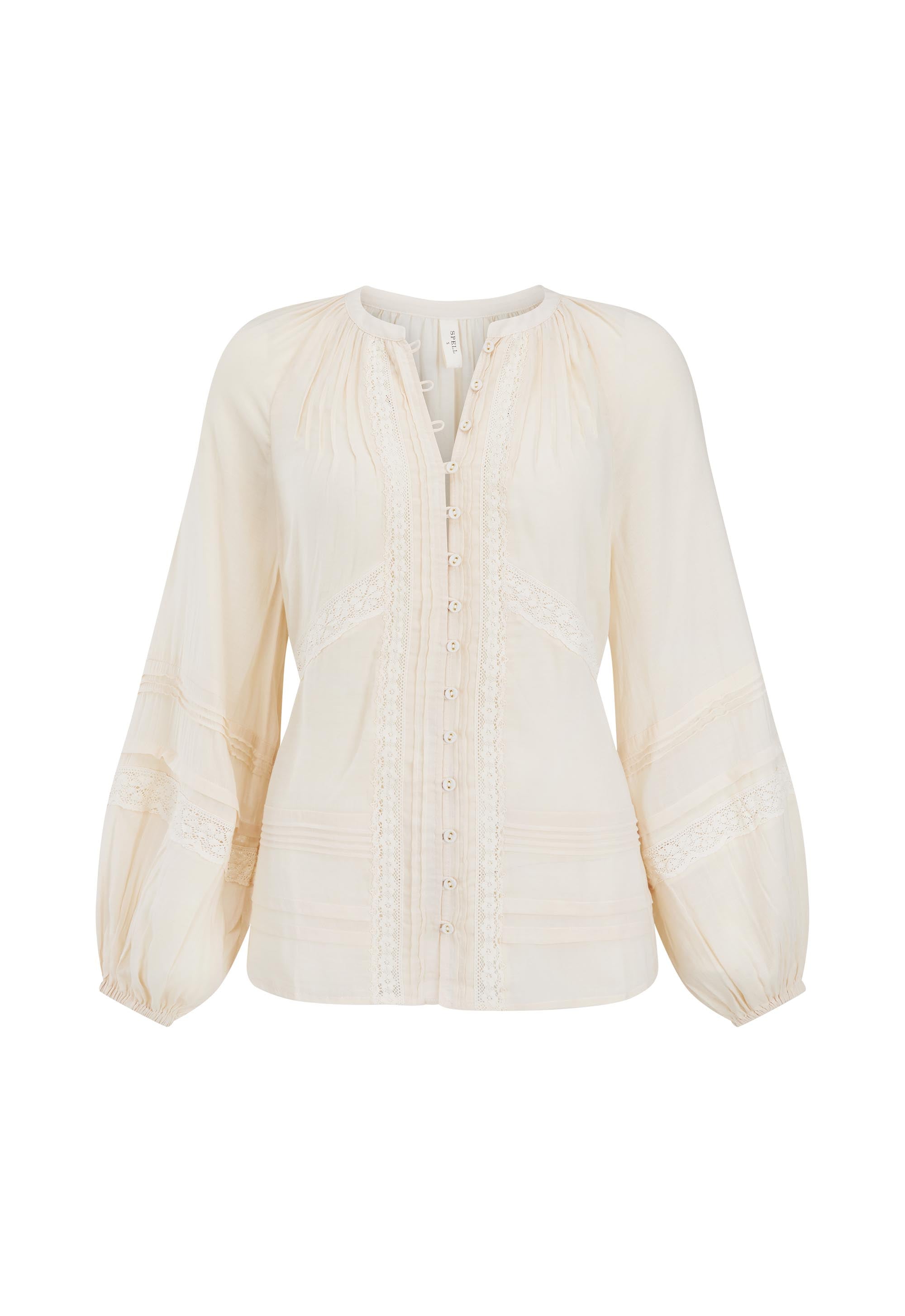 Hera Lace Blouse- Macadamia in soft lace fabric with delicate buttons and billowy sleeves perfect for everyday wear
