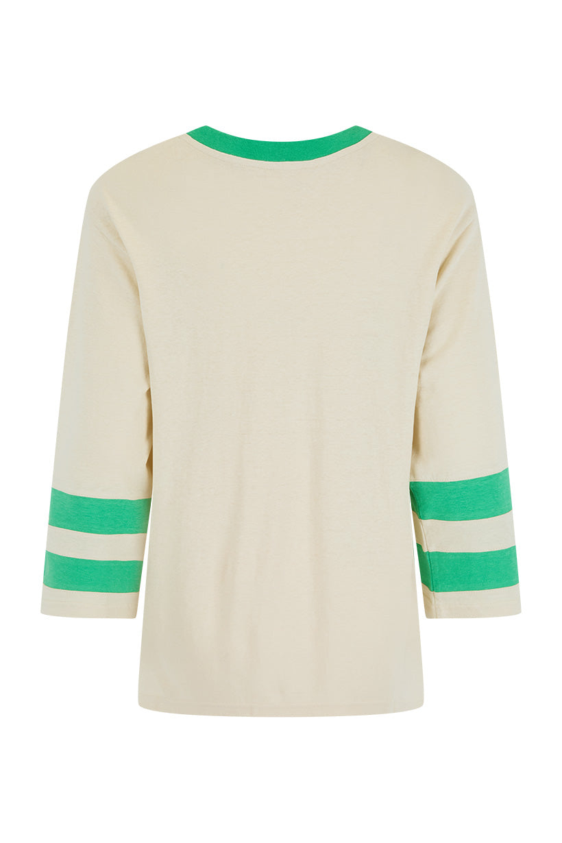 Homecoming Long Sleeve Biker Tee with green striped sleeves and collar in a soft beige fabric for everyday styling
