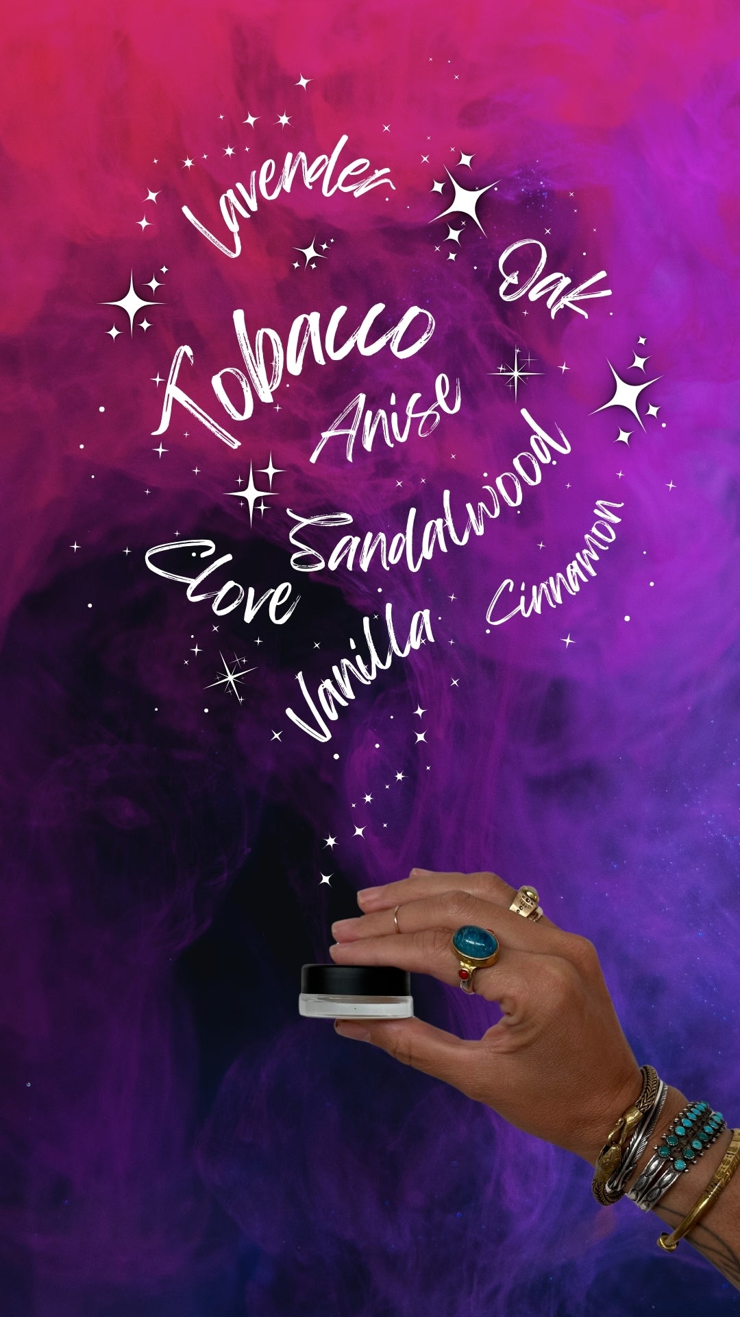 Hand holding a phone with a colorful gradient background featuring text and star shapes.