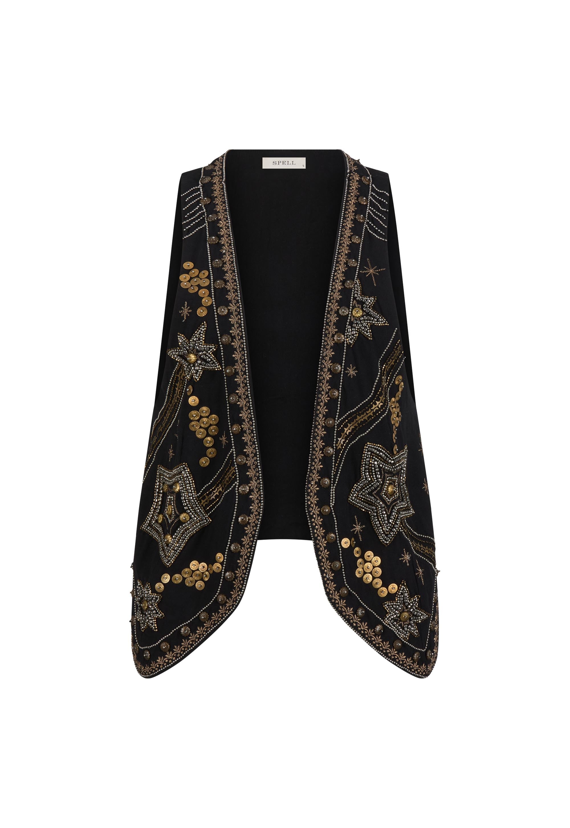 Spell Night Sky Vest – Midnight with intricate gold star embellishments and beadwork on black fabric, elegant layering piece.