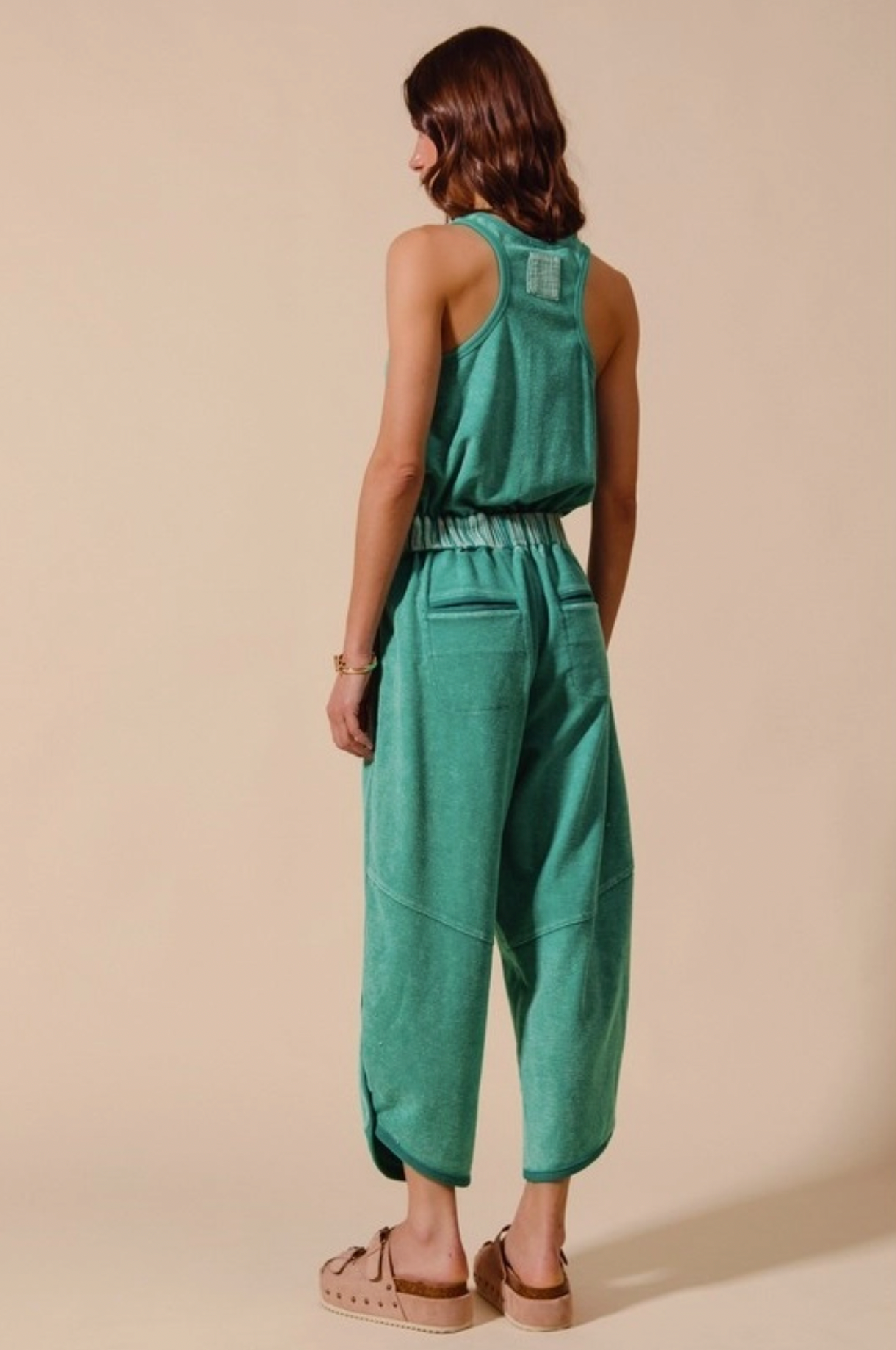 Mineral Washed Button Up Scoop Neck Terry Jumpsuit