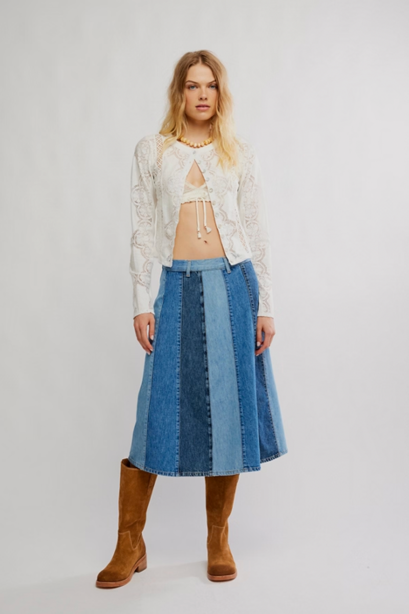 Free People Sunbeam Denim Midi Skirt | Caravan Boutique