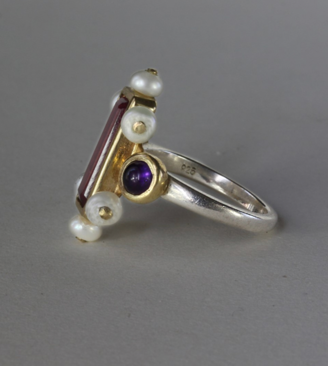 Tourmaline, Amethyst And Pearls Ring