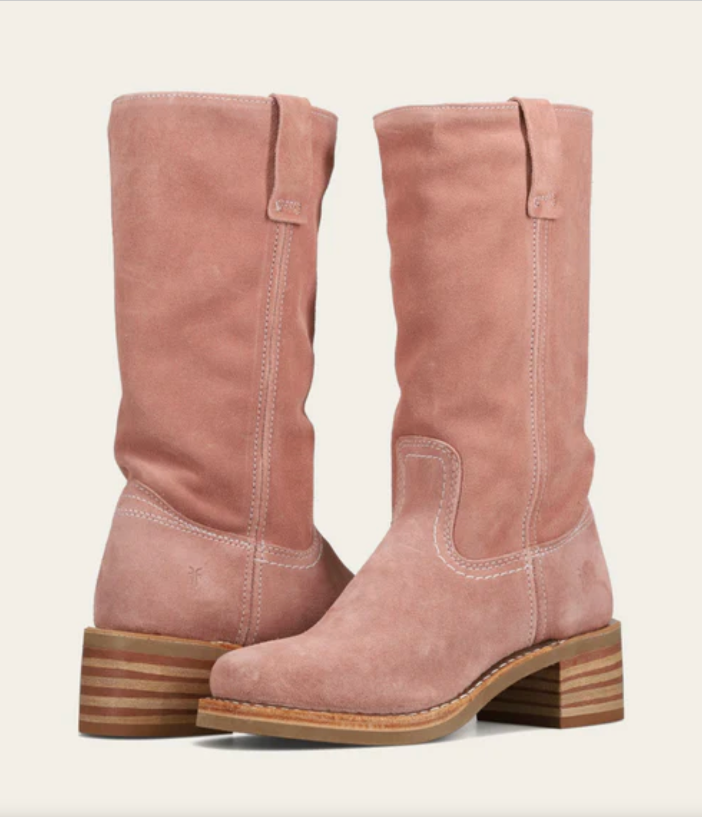 Frye Campus 12R Woodrose Suede Boot with stacked heel in soft pink suede for stylish everyday wear