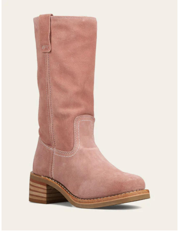 Frye Campus 12R Woodrose Suede Boot with stacked heel and soft blush pink suede for stylish everyday wear