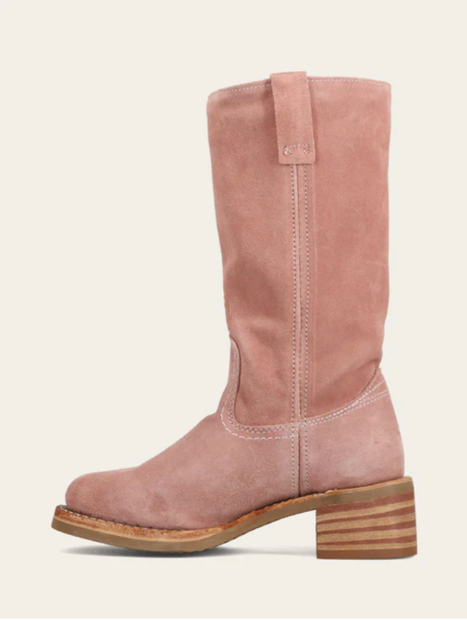 Frye Campus 12R Woodrose Suede Boot in soft pink with stacked heel and pull tab detail for everyday style