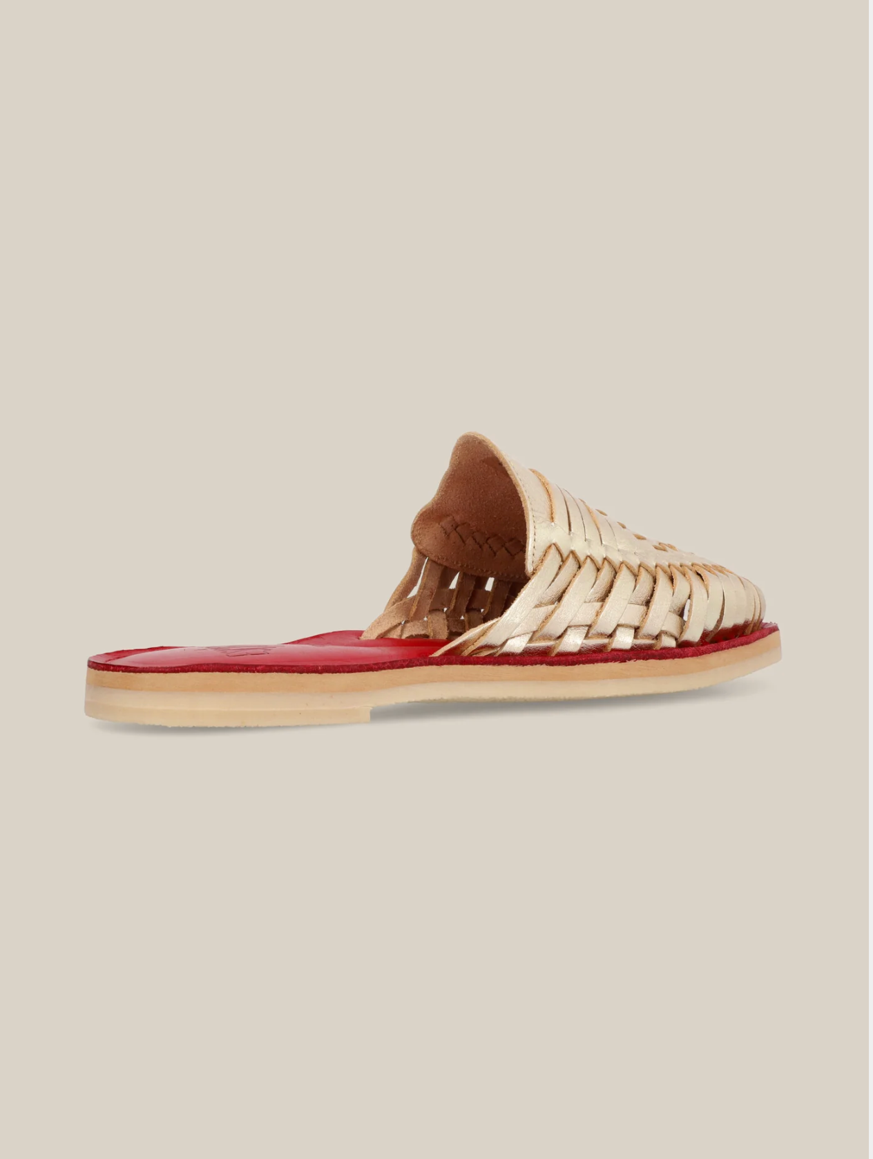 Gold Slip On Huarache Sandal with woven metallic upper and contrasting red footbed for stylish everyday wear