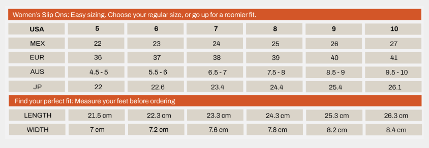 Size chart for Gold Slip On Huarache Sandal showing US, Mexican, European, Australian, and Japanese sizes with length and width measurements.