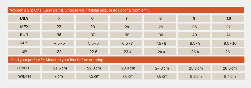 Size chart for Emerald Slip On Huaraches showing US, MEX, EUR, AUS, JP sizes with length and width measurements in centimeters.