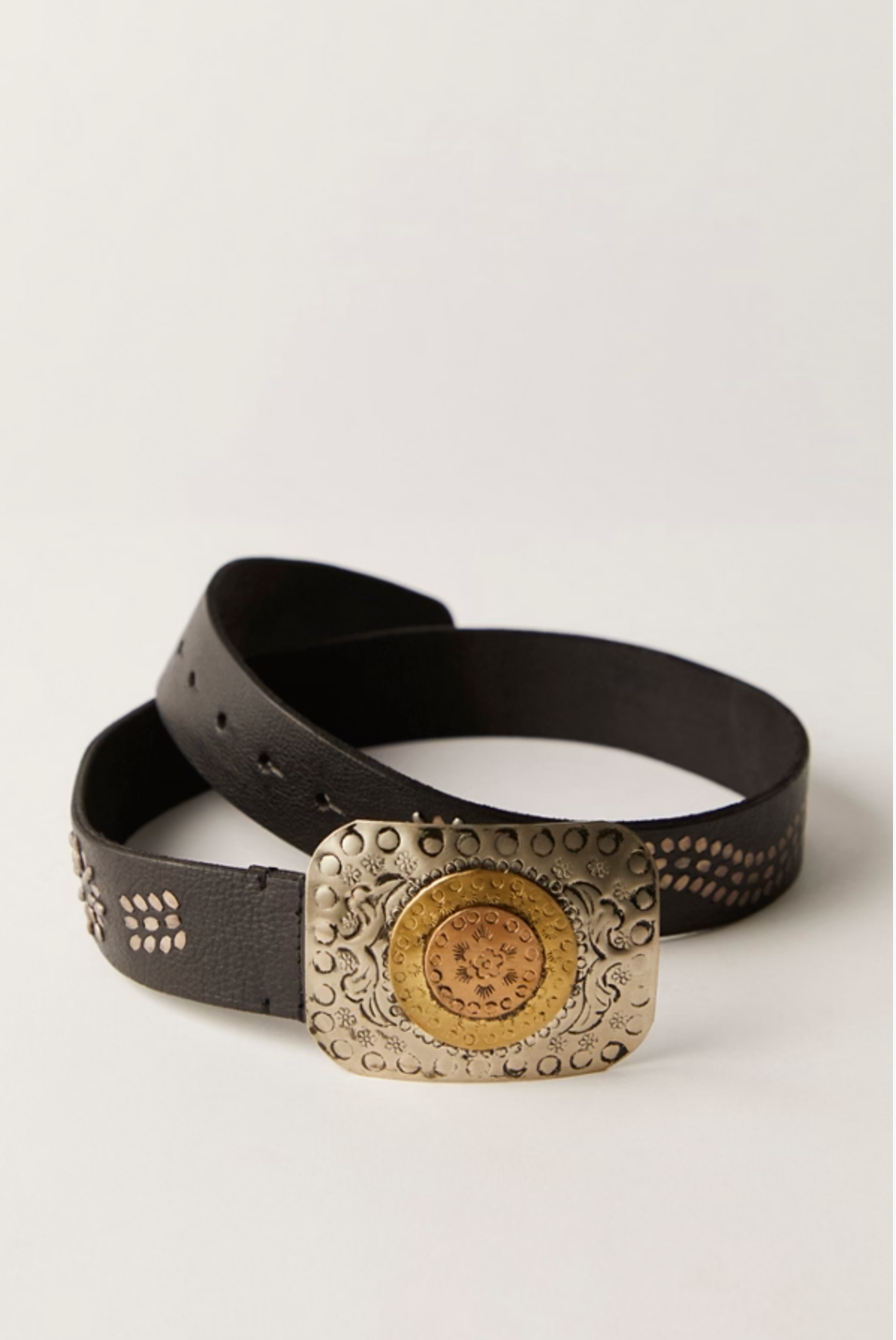 Roman Holiday Belt with black leather strap and ornate tri-toned metal buckle featuring detailed engravings.