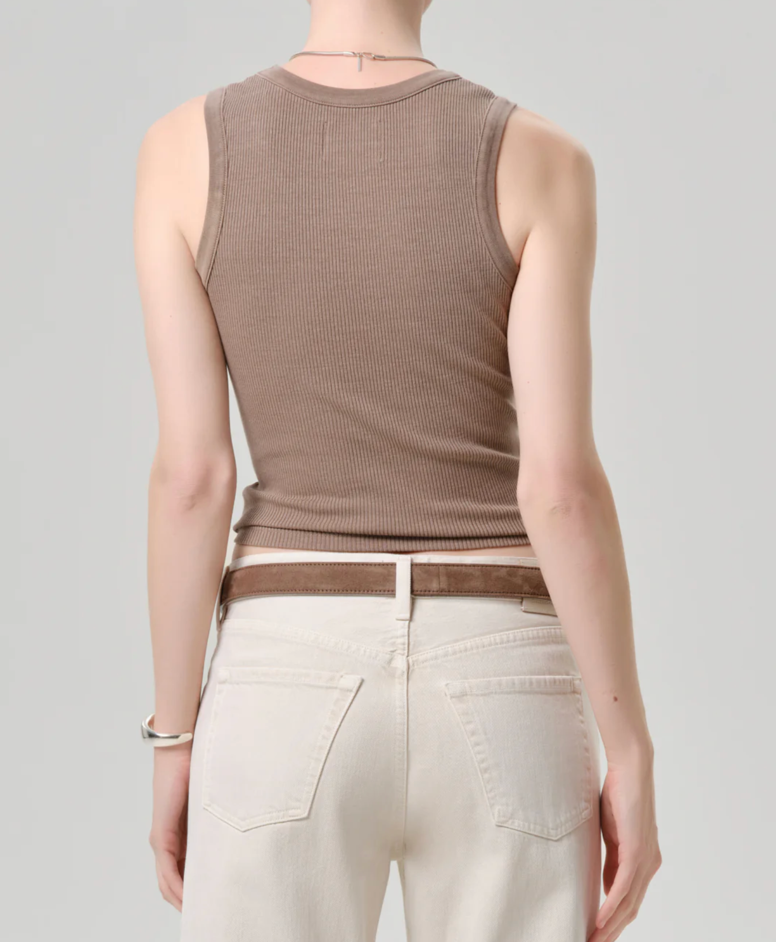 The Nova Tank by Citizens of Humanity in Cocoa, ribbed soft fabric tank top shown from the back on a model.