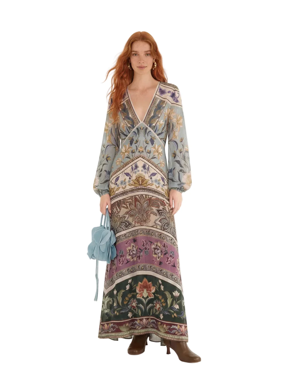 Stained Glass Beauty Soft Blue Mixed Long Sleeve Maxi Dress
