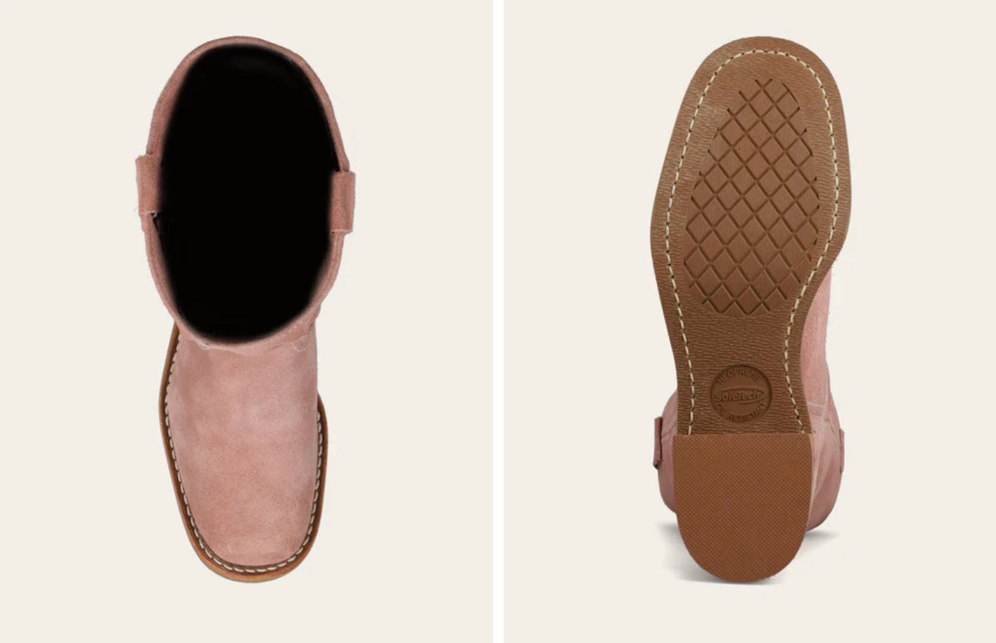 Frye Campus 12R Woodrose Suede Boot showing top view and textured sole with stitched detailing in soft woodrose suede