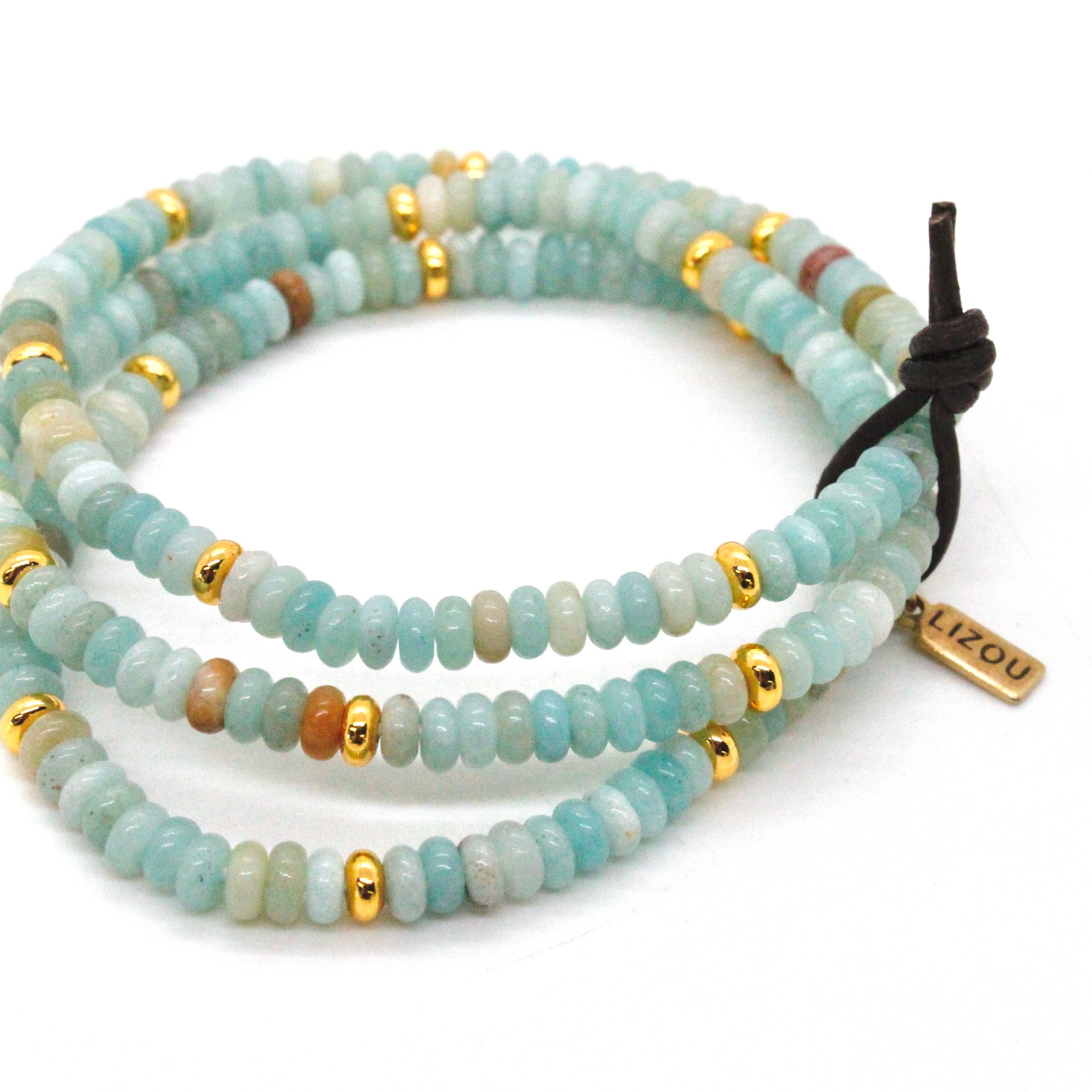 Amazonite + Gold Bracelet Bundle featuring delicate blue-green beads accented with polished gold beads on black cord