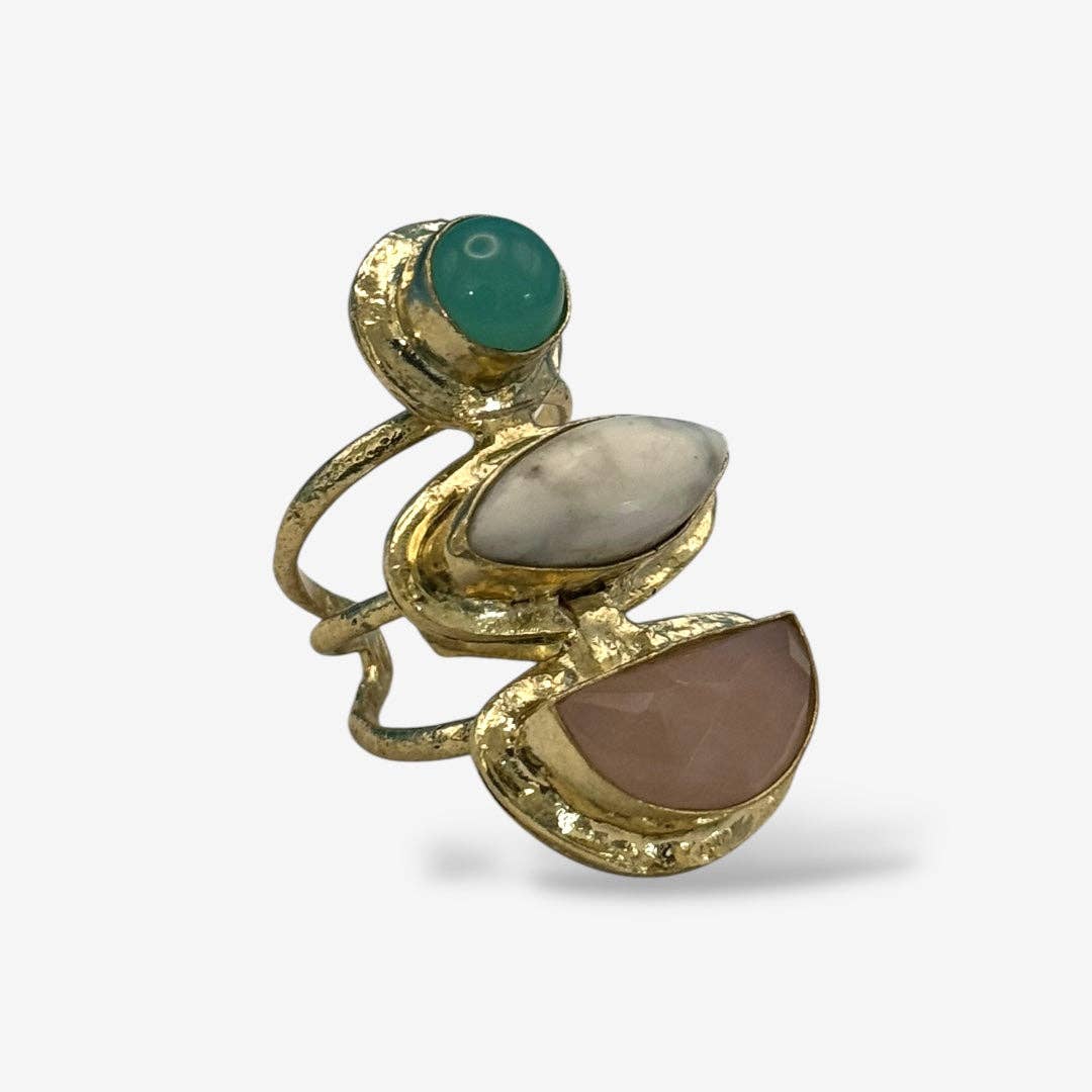 Gold textured cocktail ring with green, white, and soft pink stones, showcasing elegant Cocktail Rings design.