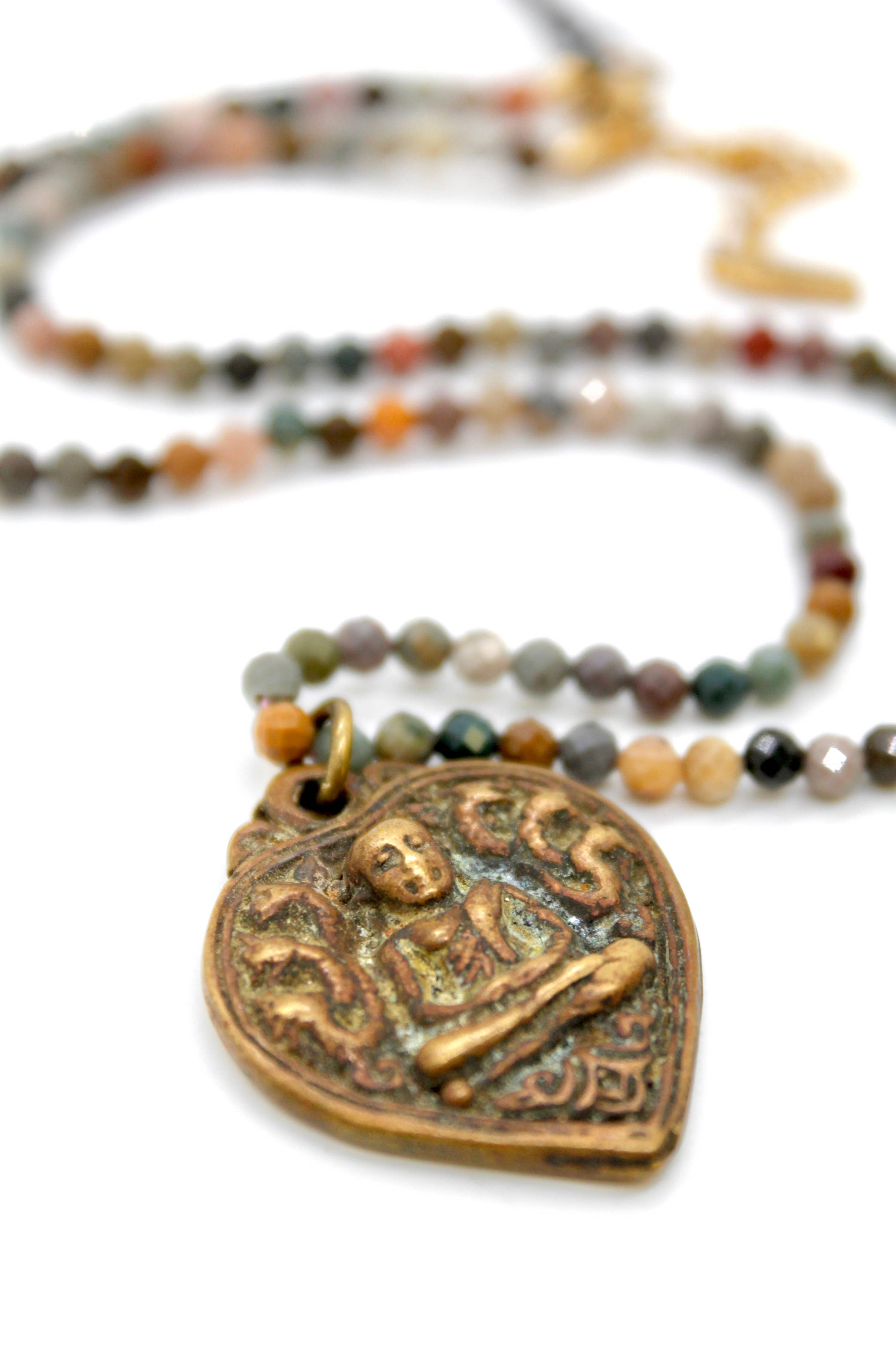 Buddha Necklace 121 - Faceted Alashan Agate Stone Necklace with antique gold Buddha pendant and multicolor beads