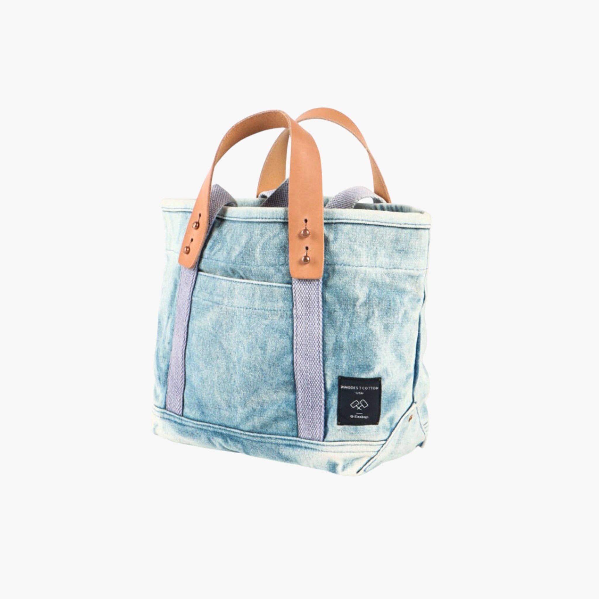 Lunch Tote | Acid Wash with leather handles and front pocket in a washed denim style bag