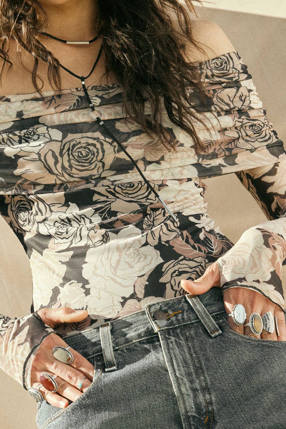 Floral-Print Mesh Off-Shoulder Foldover Bodysuit