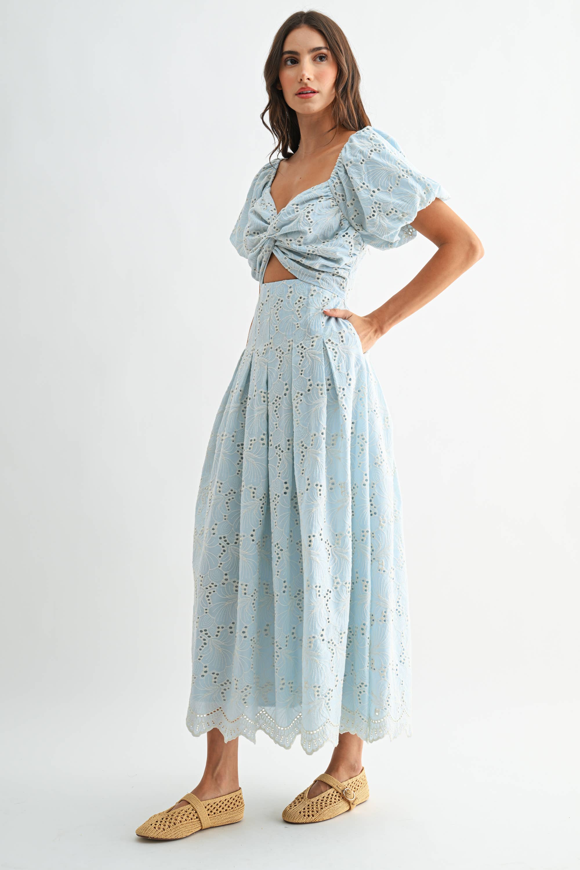 Eyelet Puff Sleeve Maxi Dress with Twist Front