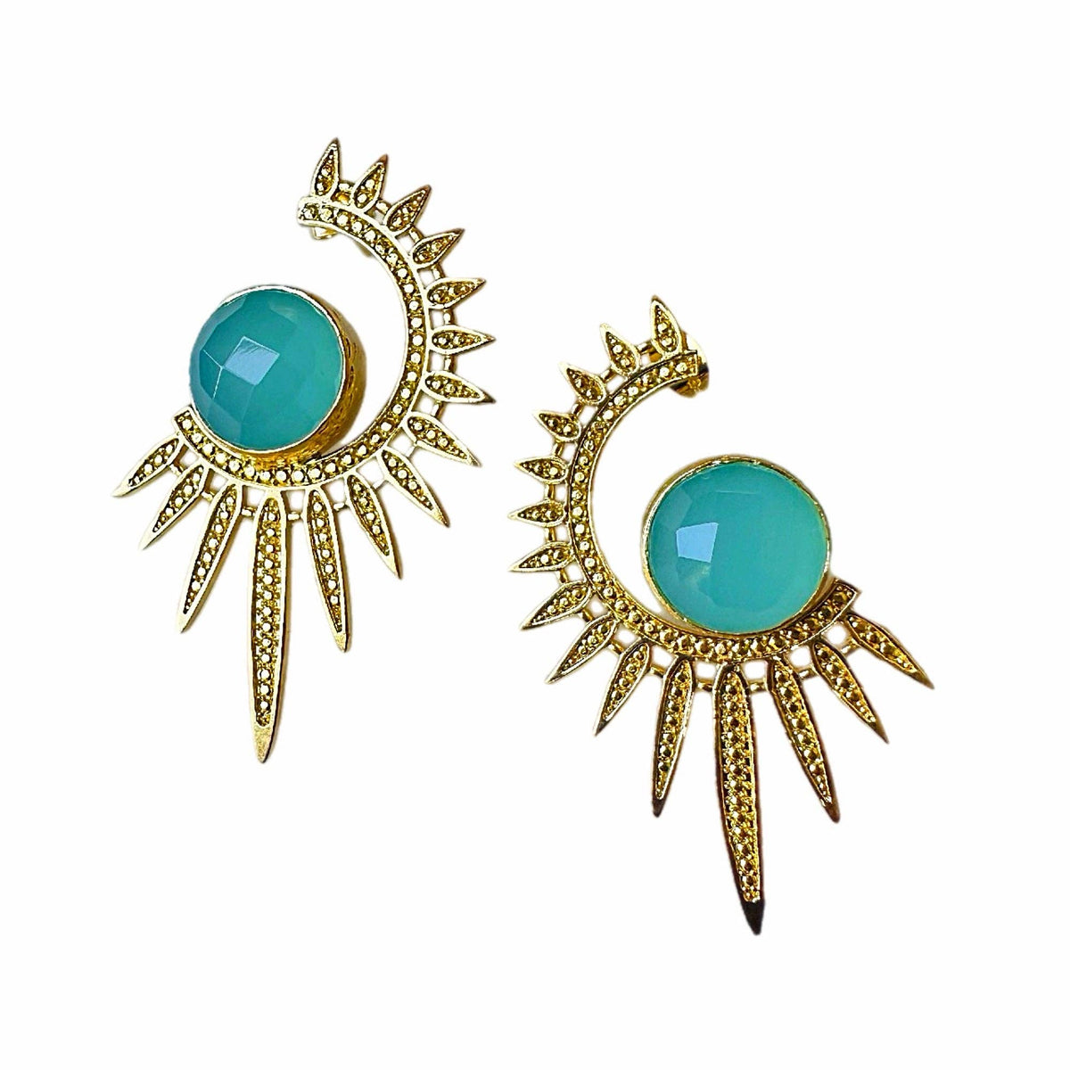 Sabira Aqua Chalcedony Crescent Sunburst Earrings with gold tone rays and sparkling accents