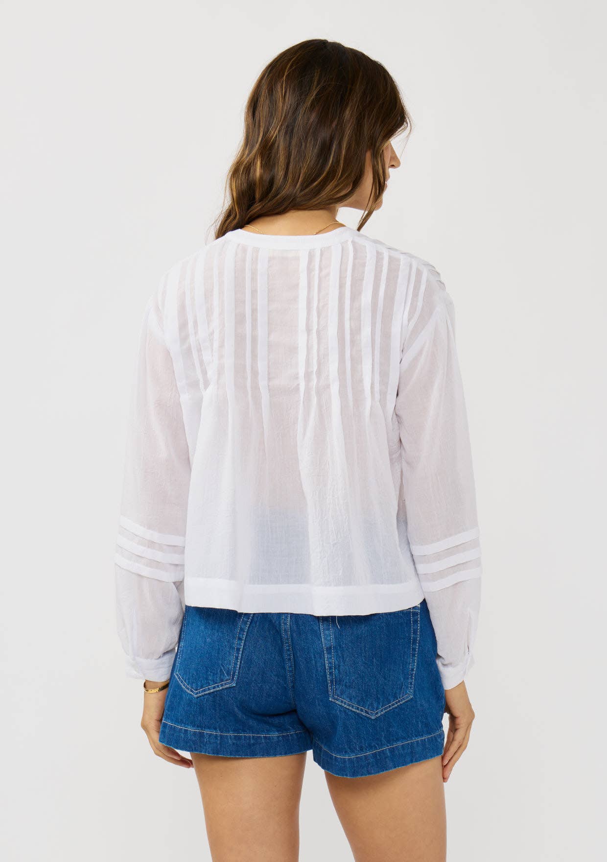 Pintuck Pleated Button-Down Blouse: White / S