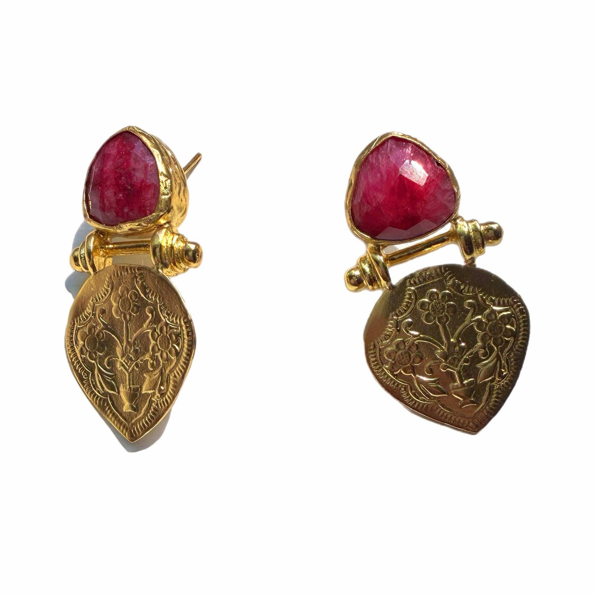 Ayda Ruby Earrings with faceted red gemstones and ornate gold toned drop charms