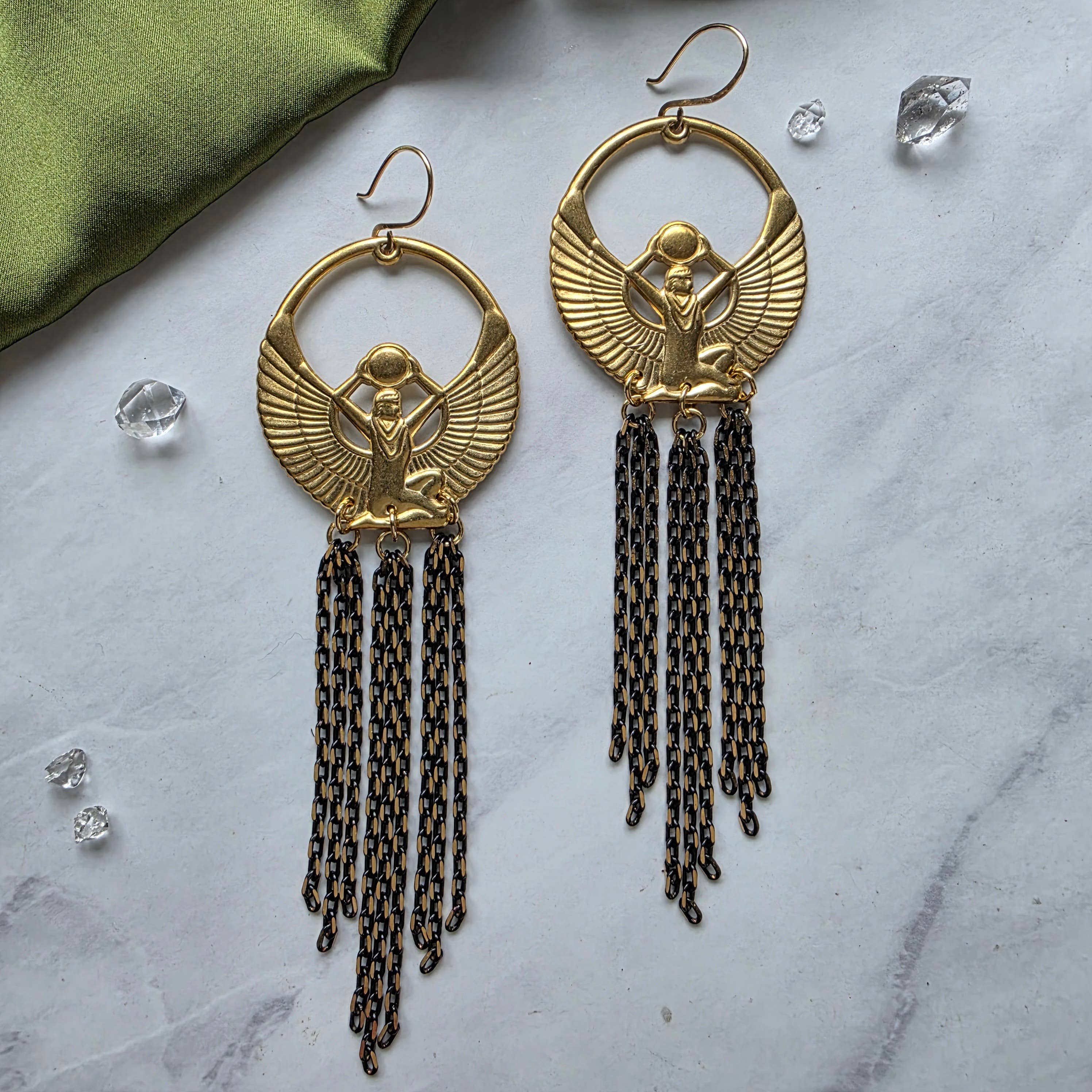 Brass Winged Egyptian Goddess Isis Long Chain Earrings