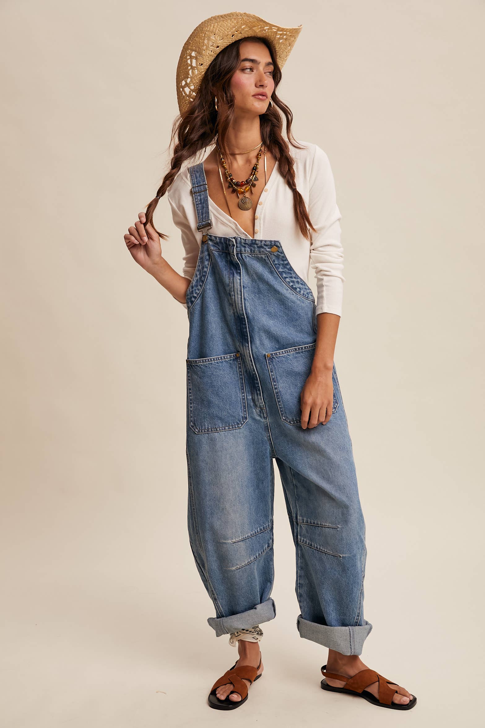 Western Wide-Leg Barrel Denim Overalls