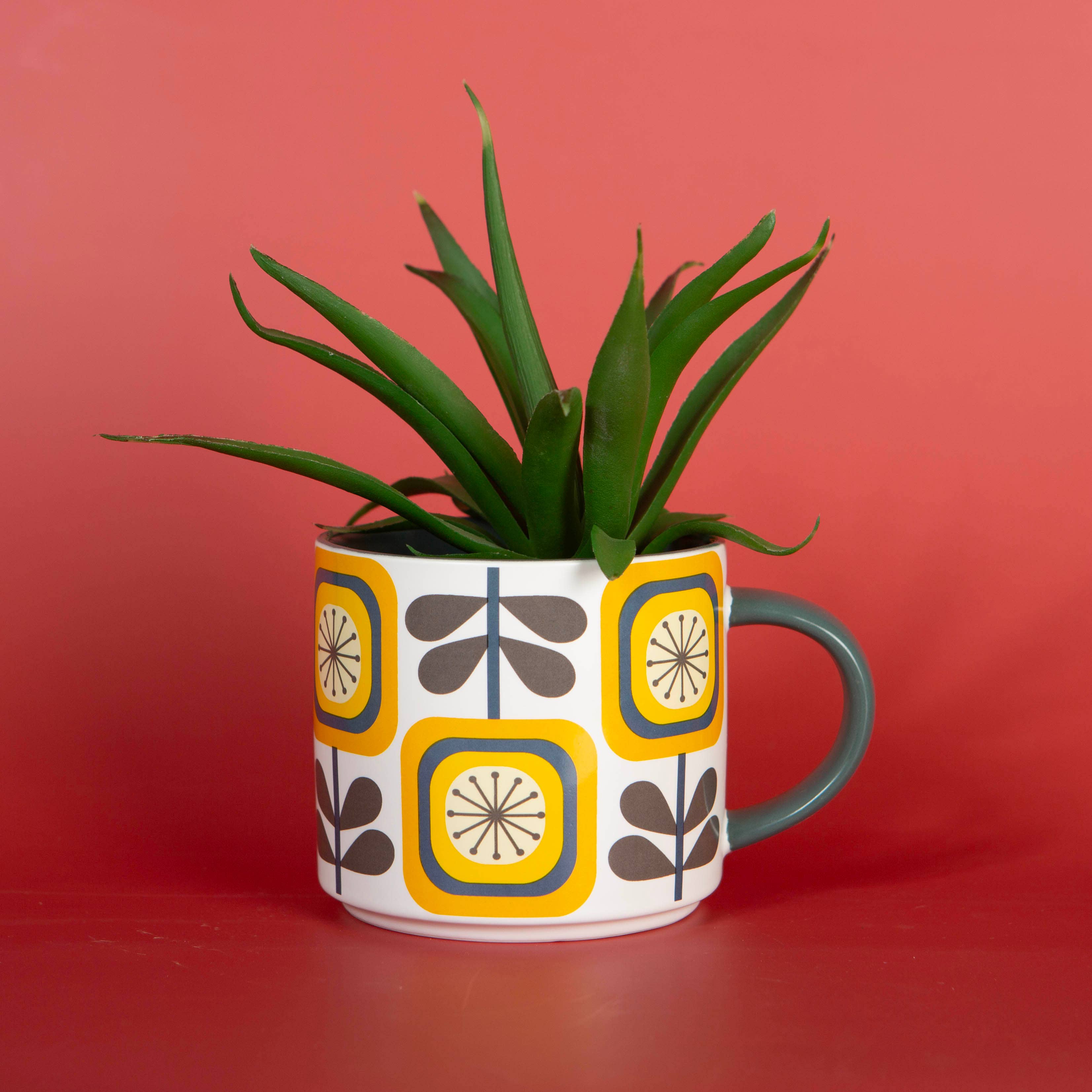 Sunflower Fall Mid Century Modern Stackable Matte Coffee Mug holding a green succulent plant against red background