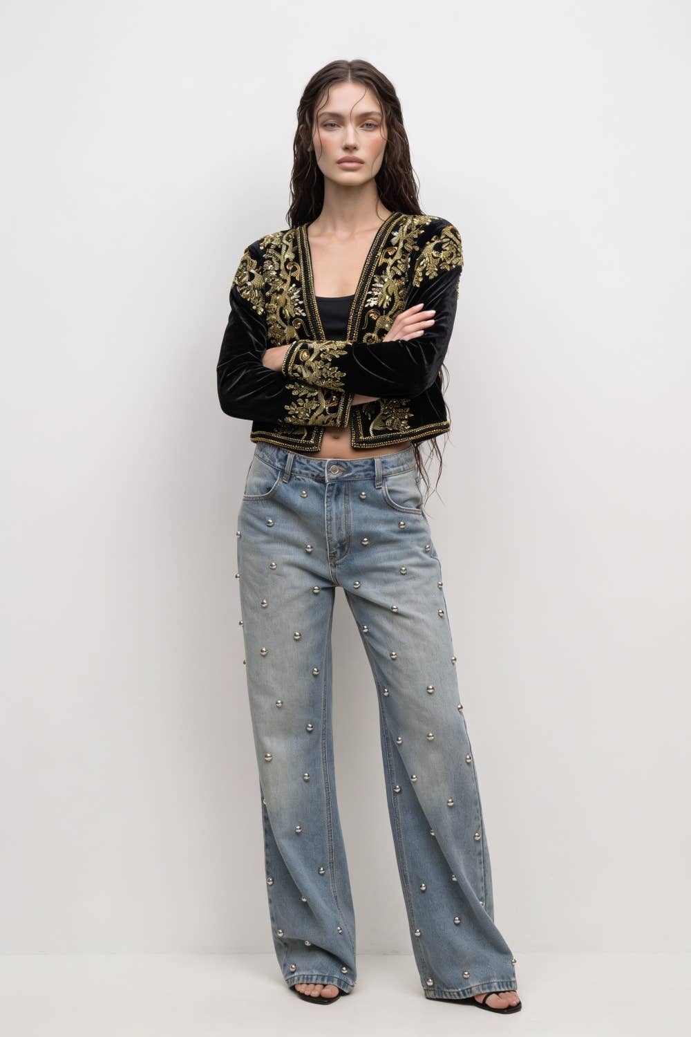 Embroidered Velvet Cropped Open-Front Jacket