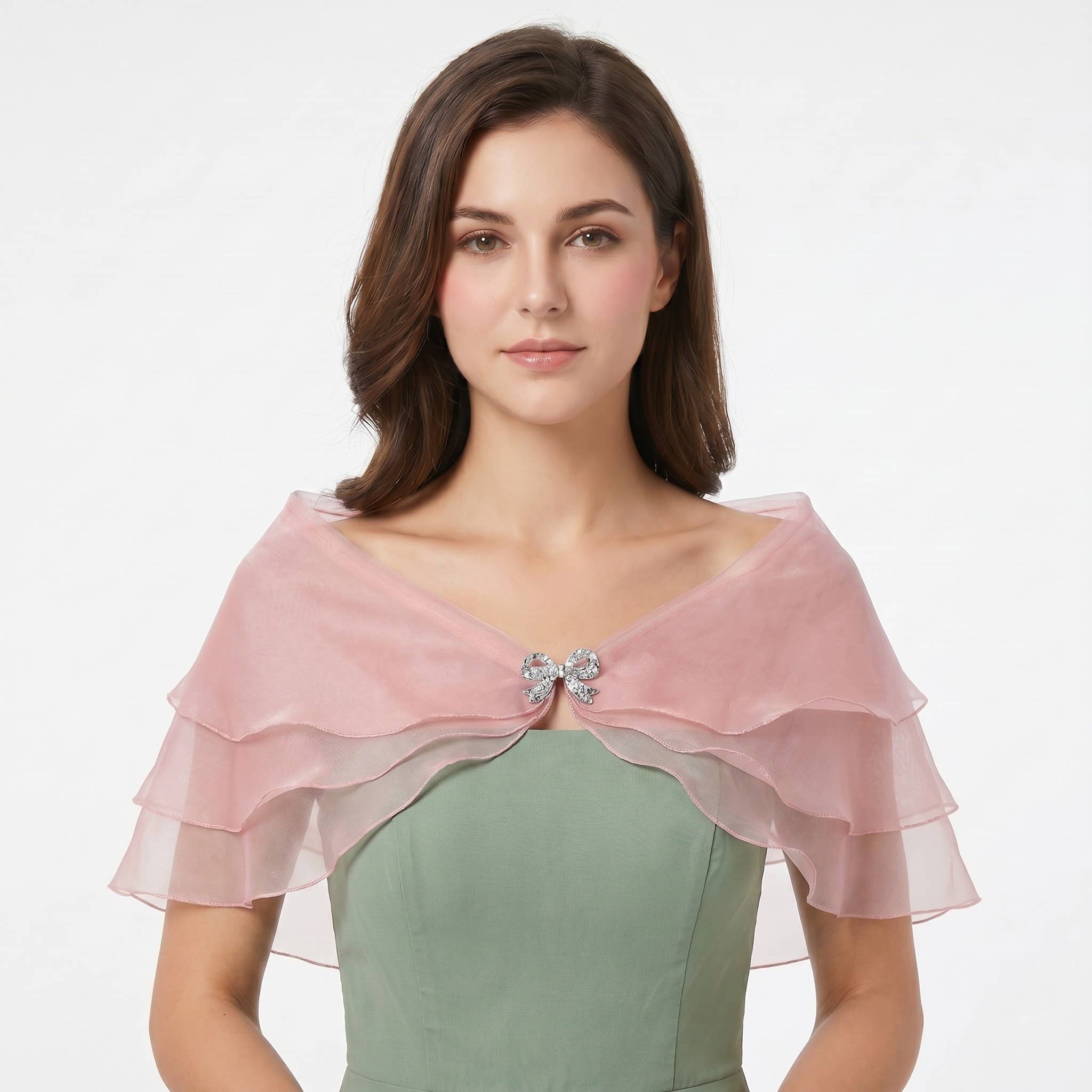 Sheer Organza Shoulder Shawl with Layered Ruffle Trim and Elegant Off-Shoulder Drape 14IN