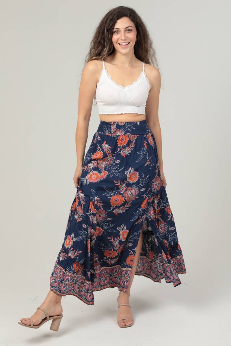 B6A82-A905 FLORAL PRINT DOUBLE SLIT MAXI SKIRT