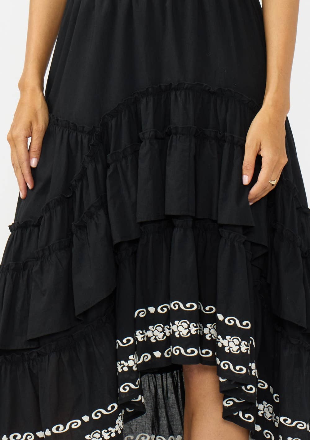 Hi-Lo Tiered Ruffle Maxi Skirt with Border Embroidery