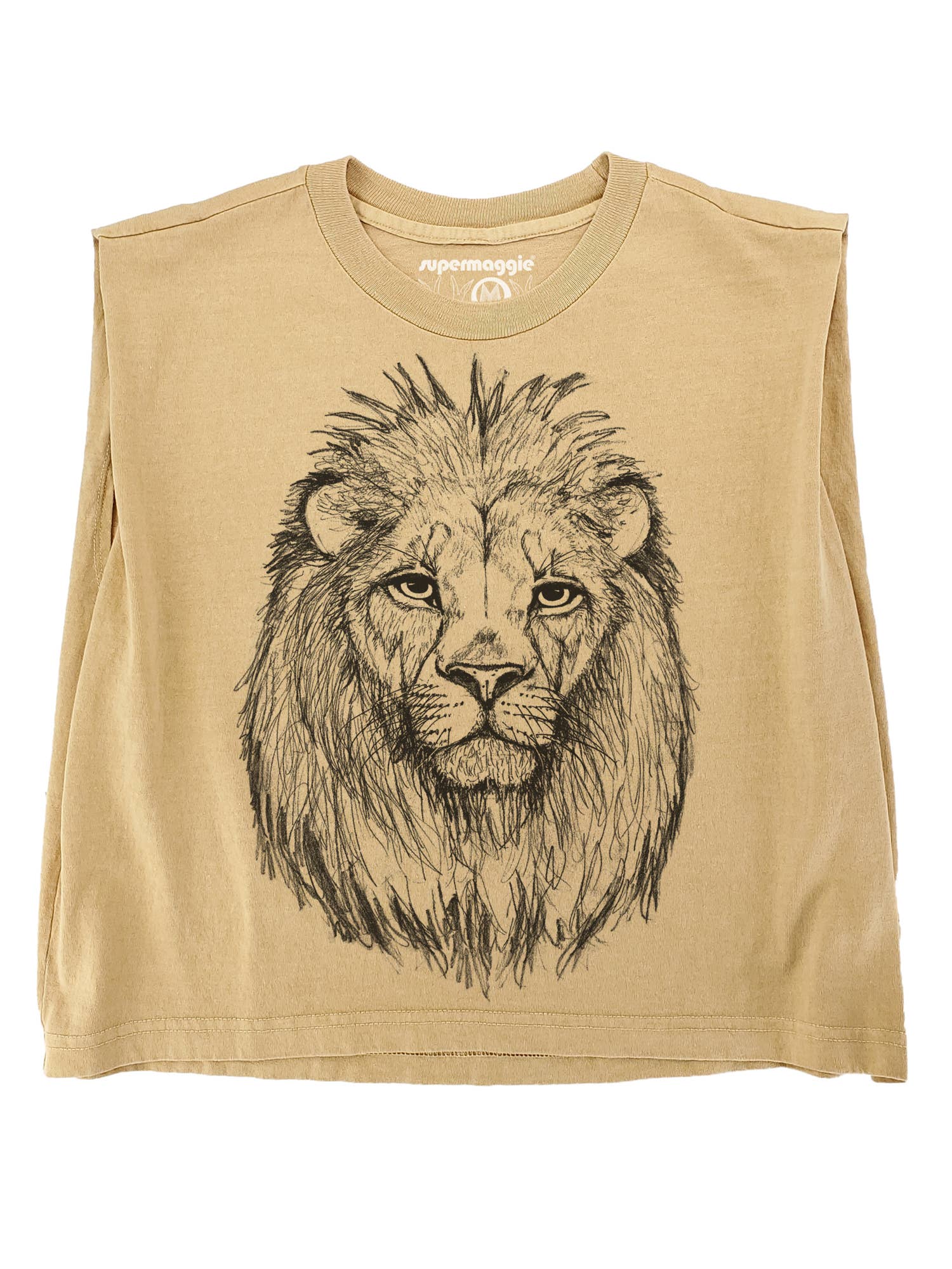 The Lion Maisie Heavyweight Muscle Tee by Supermaggie @ Faire is made from heavyweight cotton with a detailed black lion’s head on the front, a boxy fit, crew neckline, and brand name printed inside the collar.