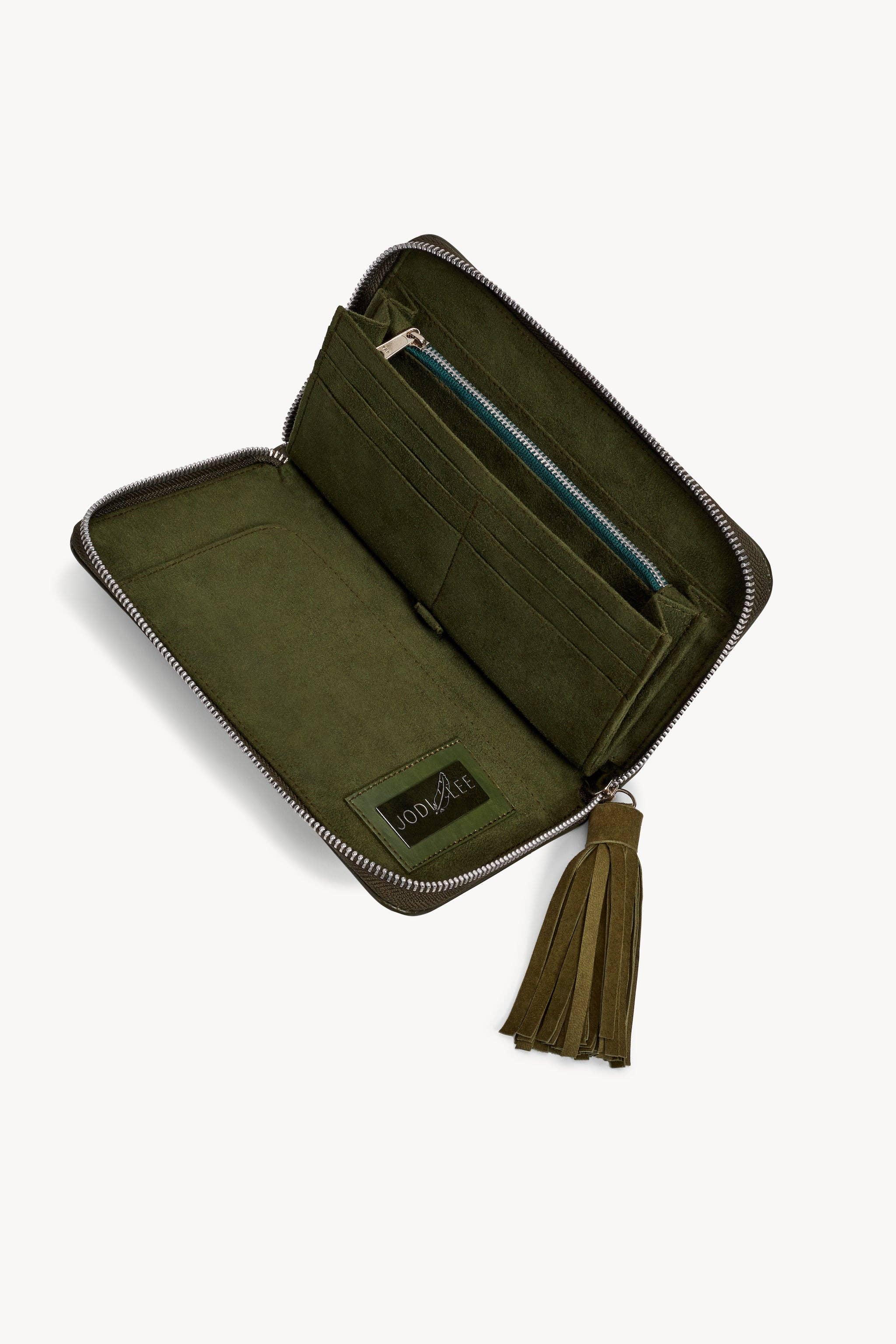 The Jodi Lee Akaroa Rose Wallet Olive, an olive green hand-tooled leather wallet with card slots, zippered pocket, and tassel zipper pull, is displayed on a white background.
