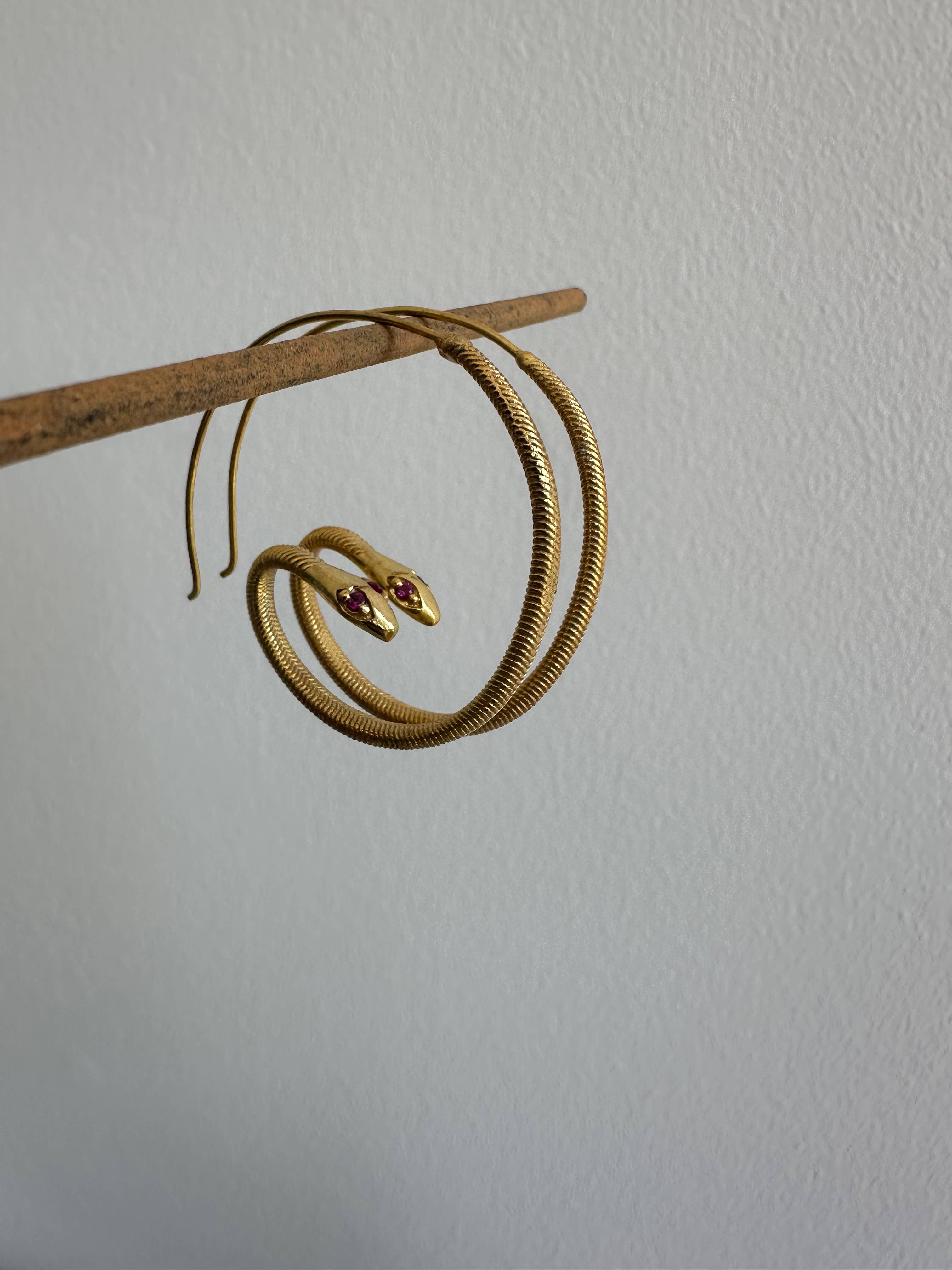 Pink Zircon Eyes Gold Baby Snake Hoop Earrings