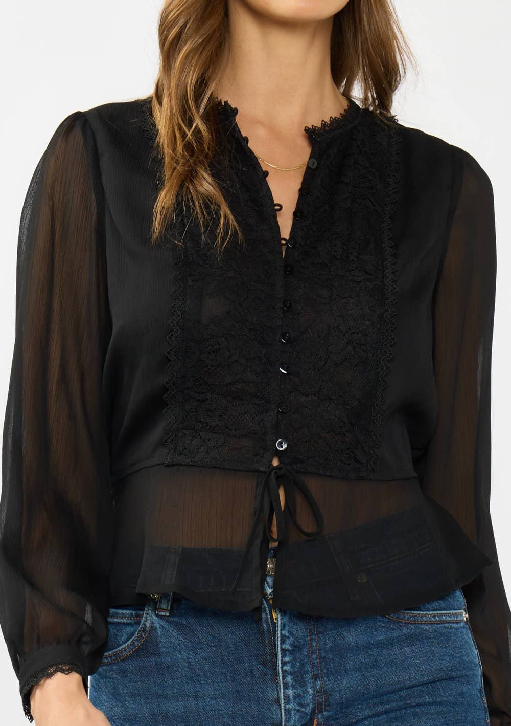 Long Sleeve Button Down Drawcord Blouse with Lace Accent